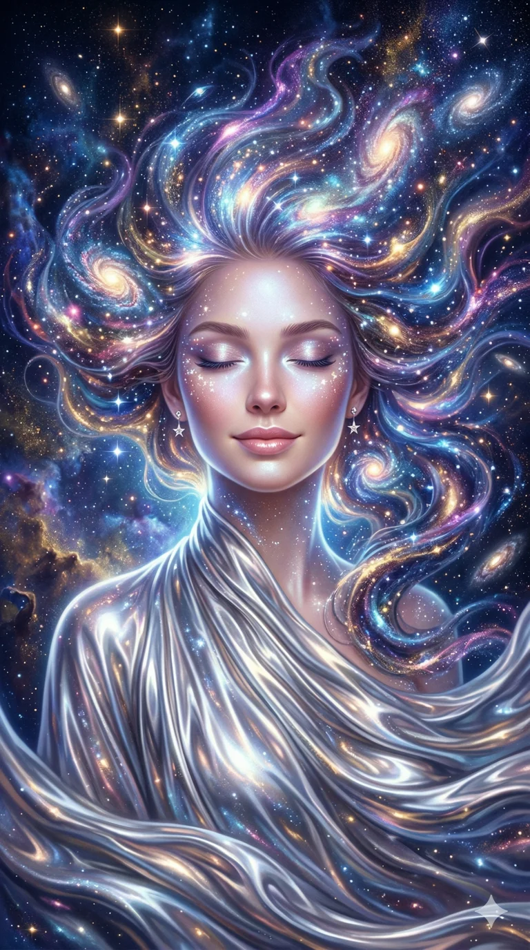 An ethereal woman with hair made of starlight and nebula, wearing a dress of flowing liquid silver, her serene and beautiful face dominating the upper half of the frame, 2k, ultra detail, master piece, 9:16 ratio