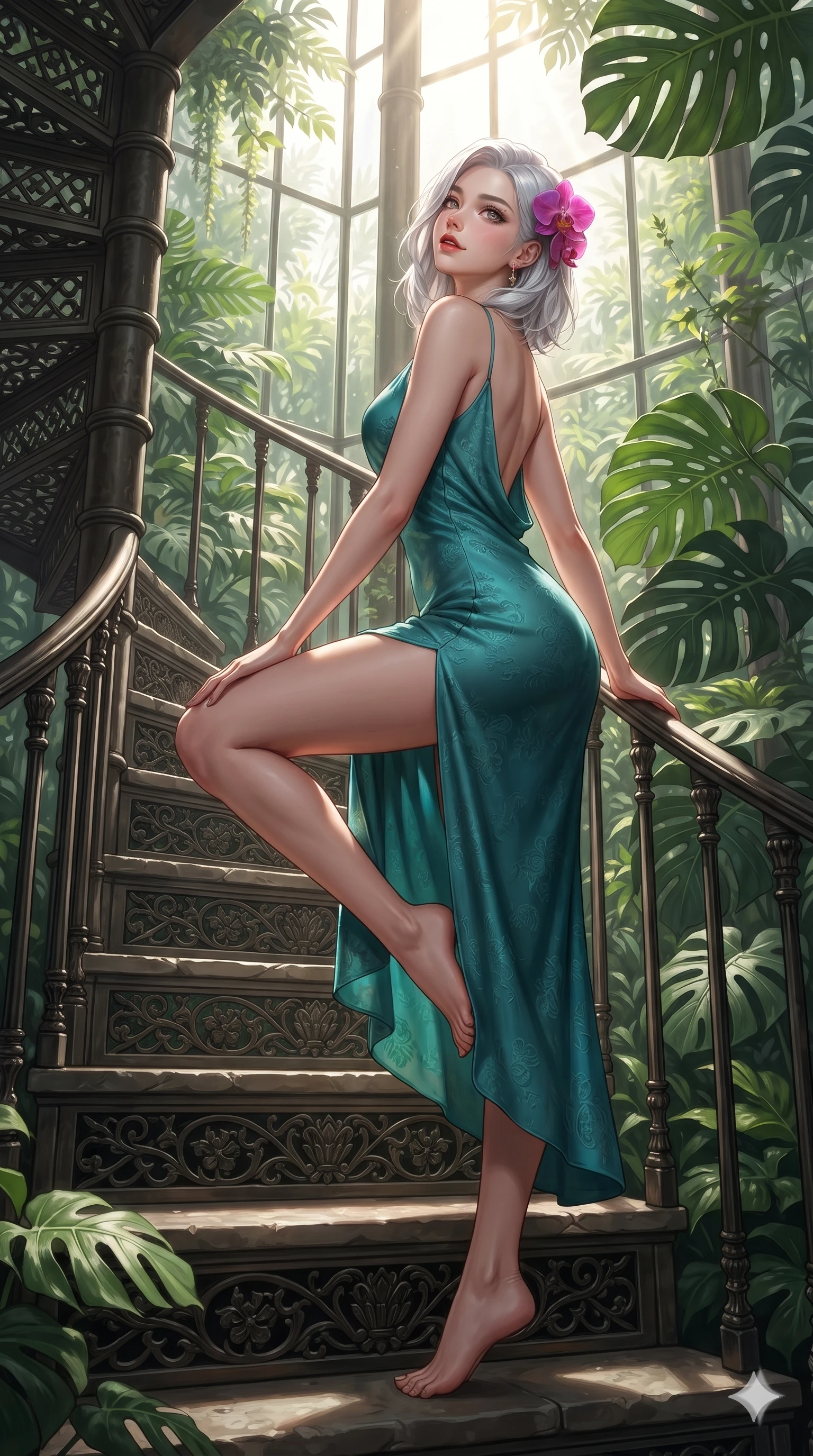 score_9, masterpiece, best quality, ultra-detailed, high-budget anime keyframe, editorial fashion photography, tasteful artistic composition, Korean woman. low angle full-body shot from head to toe showing her feet, filling the entire 9:16 vertical frame with her statuesque presence, stretching her vertical silhouette. sitting poised on the stone steps with one knee bent, arching her spine with supermodel elegance as she glances upward through thick eyelashes while stepping gracefully down the spiral iron steps with feline poise, her long slender legs and curvy hourglass hips commanding the lush conservatory. The surrounding environment is rendered in vivid detail and crisp panoramic clarity: sharp perforated cast-iron stair tread filigree, split monstera leaf venation, and glasshouse mullion rivet textures in deep focus. She has an absolutely perfect, statuesque 8.5-heads proportion, an exceptionally tall and slender model-like female figure with impossibly long slender legs, an ultra-slim waist, a flat toned midriff, narrow delicate ribcage, and beautifully sculpted feminine hips creating a graceful, slim hourglass silhouette without any bulky heaviness. sharp v-shaped jawline, high-bridge nose, sparkling eyes with hypnotic seductive depth, thick curled eyelashes, glossy parted lips with a natural dewy peach sheen, alluring bedroom-eyes with an enchanting coquettish smile, exuding magnetic siren charisma and sophisticated glamour, flawlessly proportioned anatomical accuracy, strict slender model proportions, natural body alignment, perfectly sculpted long slender limbs, ultra-slim waistline, clean dynamic posture without body distortion. wearing a form-contouring gossamer silk chiffon slip dress with a hip-high slit and open cowl back clinging with mist in turquoise patina and burnished vintage brass, tailored from rich silk jacquard with subtle embossed flora patterns, accented with a fresh-bloomed exotic magenta orchid tucked gracefully into her dark glossy hair, the impeccably tailored cut draping gracefully along her slender figure with aristocratic botanical poise. bathed in vertical shafts of bright morning sun penetrating the dense botanical glasshouse canopy. ultra-reflective glossy finish, specular highlights, rich textural contrasts, high-contrast stereoscopic depth, volumetric dynamic lighting, 2k, ultra detail, master piece, 9:16 ratio