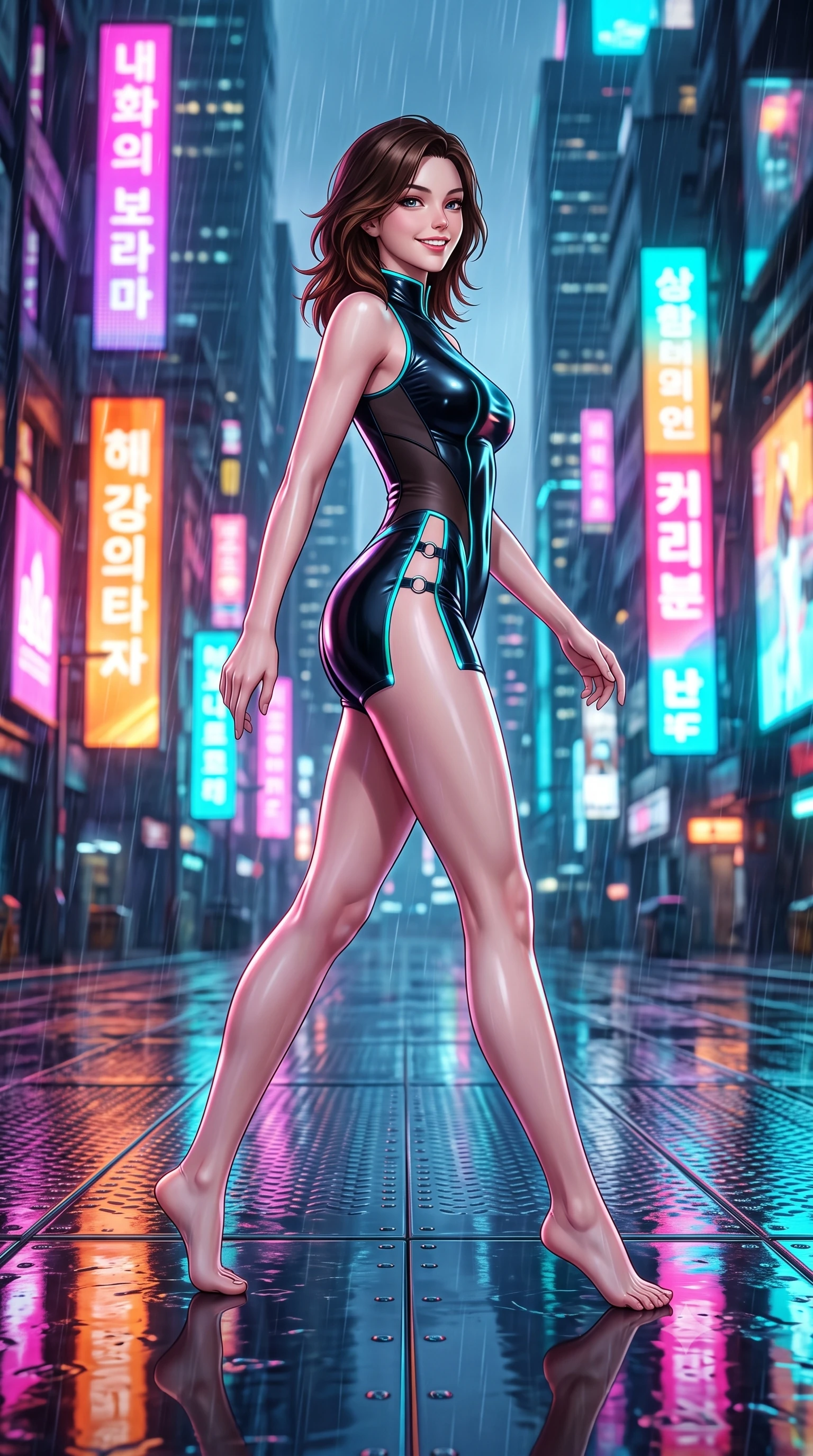 score_9, masterpiece, best quality, ultra-detailed, high-budget anime keyframe, semi-realistic 3D game render, editorial fashion photography, tasteful artistic composition, Korean woman. low angle full-body shot from head to toe showing her feet, filling the entire 9:16 vertical frame with her statuesque presence, stretching her vertical silhouette. striding forward gracefully across the reflective metal deck in mid-motion with a radiant beaming smile, hips swaying in an alluring kinetic rhythm that accentuates her curvy hourglass silhouette and long slender legs while walking dynamically across the wet tarmac while glancing back, her tailored combat suit hugging her curves in the neon-lit downpour. The background shows a soft-focus towering futuristic Neo-Seoul mega-skyscrapers with vertical Korean holographic billboards blurred into magenta, amber, and laser turquoise bokeh. She has an absolutely perfect, statuesque 8.5-heads proportion, an exceptionally tall and slender model-like female figure with impossibly long slender legs, an ultra-slim waist, a flat toned midriff, narrow delicate ribcage, and beautifully sculpted feminine hips creating a graceful, slim hourglass silhouette without any bulky heaviness. sharp v-shaped jawline, high-bridge nose, intricate jewel-like sparkling eyes with depth, thick eyelashes, glossy parted lips with a natural sheen, bright confident smile with an enchanting and coquettish sensual glint, exuding both youthful magnetic charm and sovereign high-tech allure, flawlessly proportioned anatomical accuracy, strict slender model proportions, natural body alignment, perfectly sculpted long slender limbs, ultra-slim waistline, clean dynamic posture without body distortion. wearing a sleeveless high-collar cyber pilot suit in liquid-look obsidian jersey with strategic sheer ventilation panels in matte obsidian black and glowing neon cyan trim, made of smooth liquid latex with high-contrast stereoscopic depth and wet shine, finished with sharp laser-cut side ventilation slits framed by silver hardware rings, the liquid-tight tailored fabric clinging flawlessly to her narrow waist and rounded feminine hips, emphasizing every millimeter of her sculpted slim hourglass curves without any bulky heaviness. bathed in intense saturated magenta and electric cyan billboard reflections bouncing off wet asphalt. highly saturated vibrant anime colors, detailed shading with soft gradients, rich glossy textures, high-contrast stereoscopic depth, volumetric dynamic lighting, master piece, 9:16 ratio