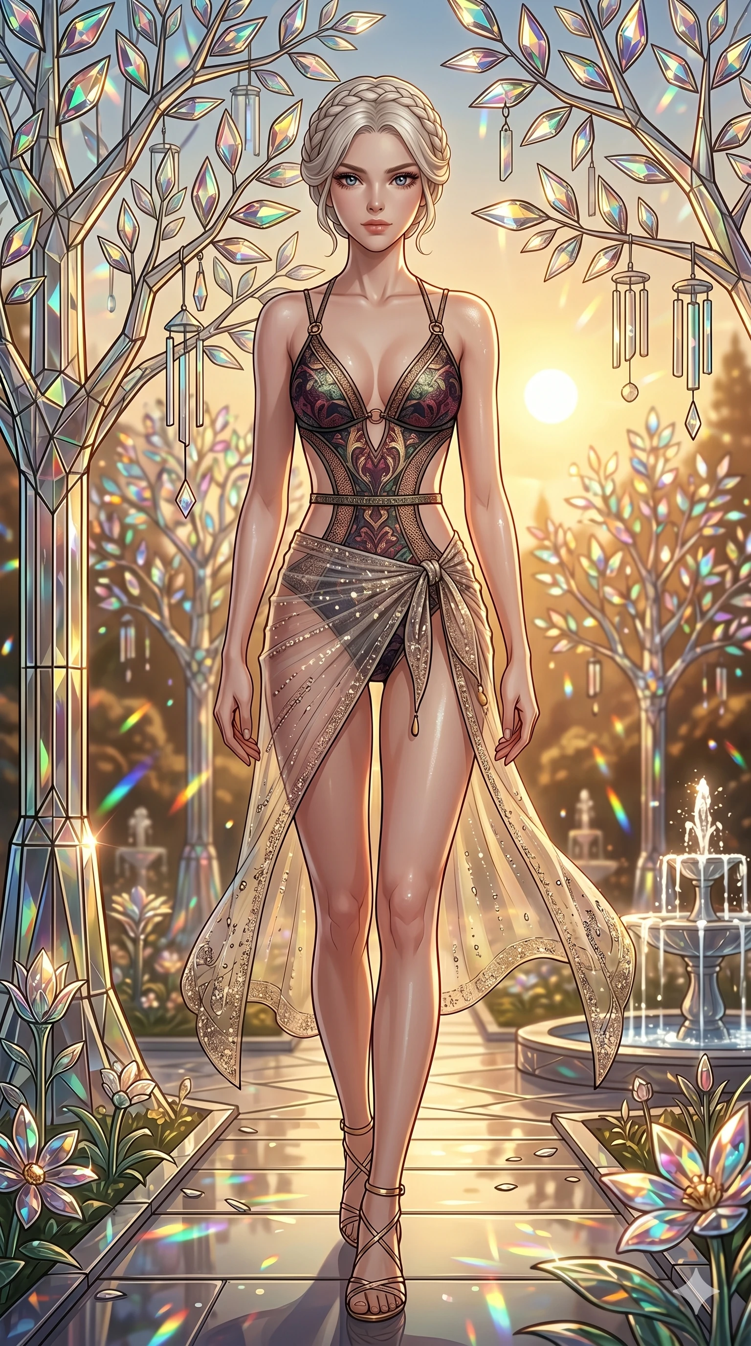 score_9, masterpiece, best quality, ultra-detailed, Set C: High-budget Anime Keyframe, Korean woman. Low angle cowboy shot filling the entire 9:16 frame with her statuesque presence. Walking through a garden of glass trees that chime in the wind under a golden sun. She has an absolutely perfect 8-heads proportion, an exceptionally tall and slender female figure with impossibly long slender legs and an ultra-slim waist. Sharp v-shaped jawline, high-bridge nose, intricate jewel-like eyes with depth, thick eyelashes, glossy lips. Wearing a Seasonal/Resort outfit: high-cut one-piece with a sheer sarong and side cut-outs. Background is a bright and colorful fantasy garden with prismatic glass leaves and vibrant light. 2k, ultra detail, master piece, 9:16 ratio