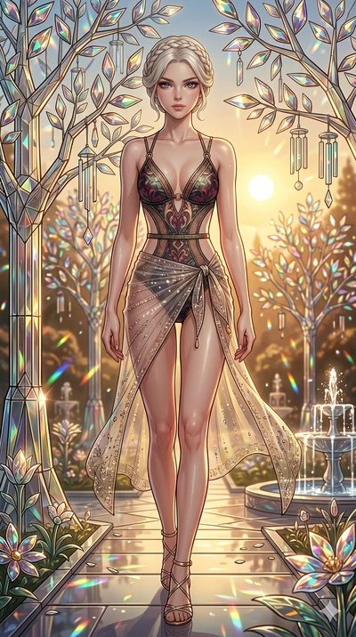score_9, masterpiece, best quality, ultra-detailed, Set C: High-budget Anime Keyframe, Korean woman. Low angle cowboy shot filling the entire 9:16 frame with her statuesque presence. Walking through a garden of glass trees that chime in the wind unde