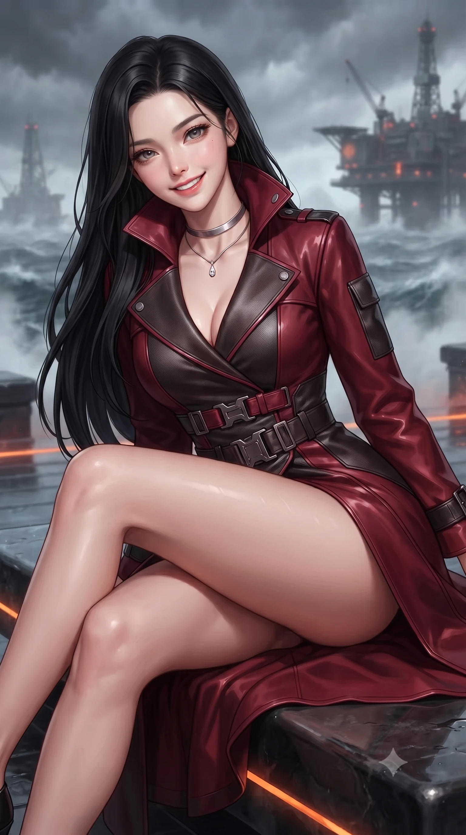 score_9, masterpiece, best quality, ultra-detailed, high-budget anime keyframe, editorial fashion photography, tasteful artistic composition, Korean woman. close-up cowboy shot from the waist and thighs up, the character dominates the composition, filling the frame with her large presence. perched sideways on the lounge seat, one knee drawn up to showcase her slender leg line while her arched back accentuates her feminine hip curve while reclining gracefully on the outdoor heated basalt lounge with legs extended, displaying her long slender limbs and statuesque hourglass silhouette against the tempestuous sea. The background shows a soft-focus sulfur-scented volcanic mist softened in offshore geothermal fortress shallow focus. She has an exceptionally elegant, slender, and willowy female figure with an ultra-slim waist, flat toned midriff, narrow ribcage, and sculpted feminine hips creating an alluring, slim hourglass silhouette without bulk. sharp v-shaped jawline, high-bridge nose, intricate jewel-like sparkling eyes with depth, thick eyelashes, glossy parted lips with a natural peach sheen, bright cheerful beaming smile with an enchanting and coquettish sensual glint, exuding both youthful cute charm and seductive allure, flawlessly proportioned anatomical accuracy, strict slender model proportions, natural body alignment, perfectly sculpted long slender limbs, ultra-slim waistline, clean dynamic posture without body distortion. wearing a bespoke tactical commander trench coat in matte carbon-weave with magnetic utility buckles, storm flaps, and high standing collar in deep crimson hazard red and matte dark titanium, crafted from bespoke double-faced cashmere with an exceptionally soft tactile finish, finished with a minimalist chrome choker and a single teardrop diamond pendant, the bespoke structured tailoring following the natural line of her 8.5-heads silhouette with refined elegance. illuminated by wet basalt deck reflection bounce and sharp magma-orange rim lights sculpting her razor-sharp jawline, narrow waist, and curvy hips. ultra-reflective glossy finish, specular highlights, rich textural contrasts, high-contrast stereoscopic depth, volumetric dynamic lighting, 2k, ultra detail, master piece, 9:16 ratio