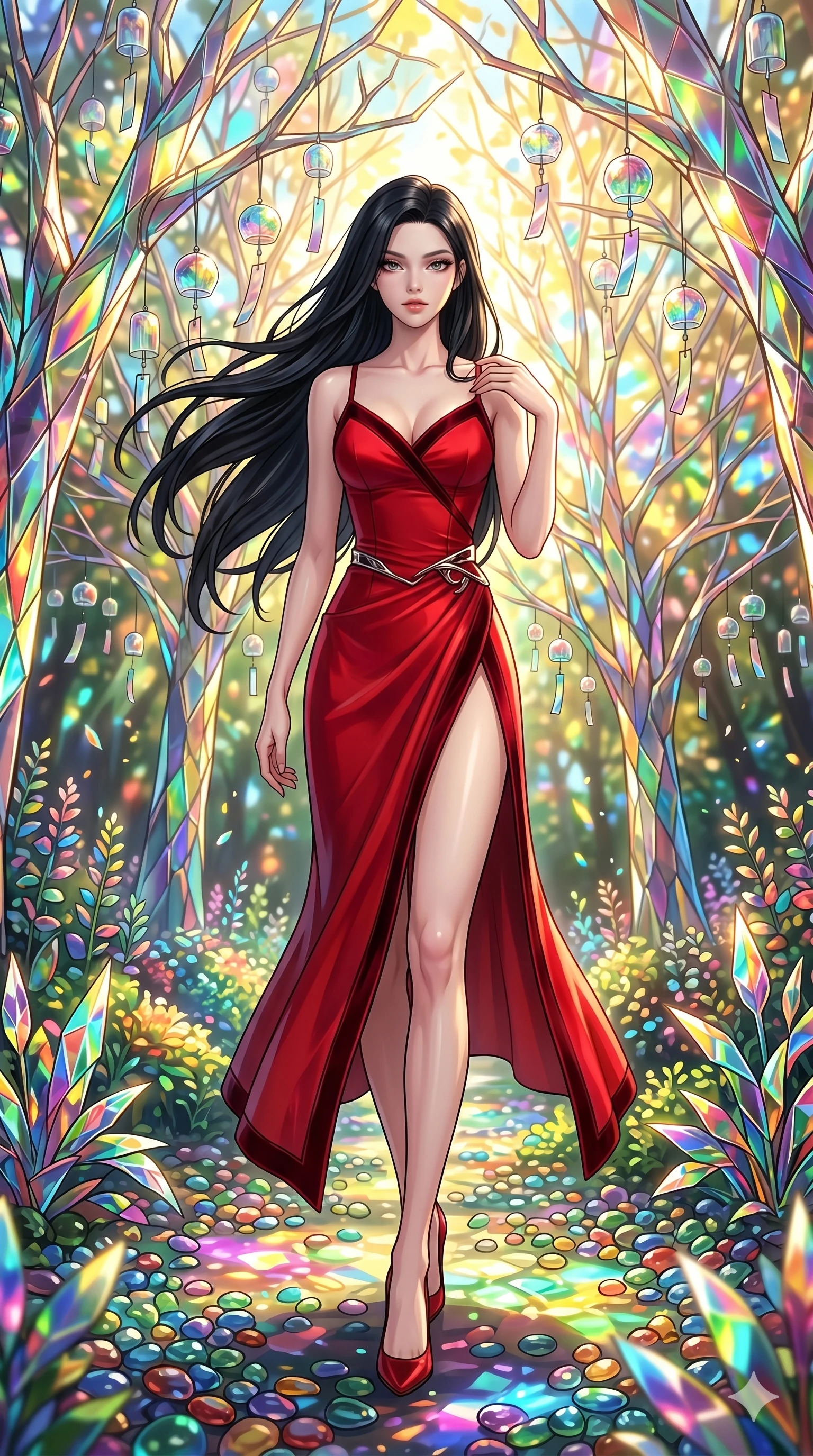 score_9, masterpiece, best quality, ultra-detailed, High-budget Anime Keyframe, beautiful Korean anime girl. Low angle cowboy shot filling the entire 9:16 frame with her statuesque presence. Walking through a garden of glass trees that chime in the wind under a golden sun. She has an absolutely perfect 8-heads proportion, an exceptionally tall and slender female figure with impossibly long slender legs and an ultra-slim waist. Sharp v-shaped jawline, high-bridge nose, intricate jewel-like eyes with depth, thick eyelashes, glossy lips with a natural sheen. Wearing a High-Fashion Editorial outfit: scarlet slip dress with a dangerously high side slit and velvet detail. Background is a bright and colorful fantasy garden with prismatic glass leaves and vibrant light. 2k, ultra detail, master piece, 9:16 ratio