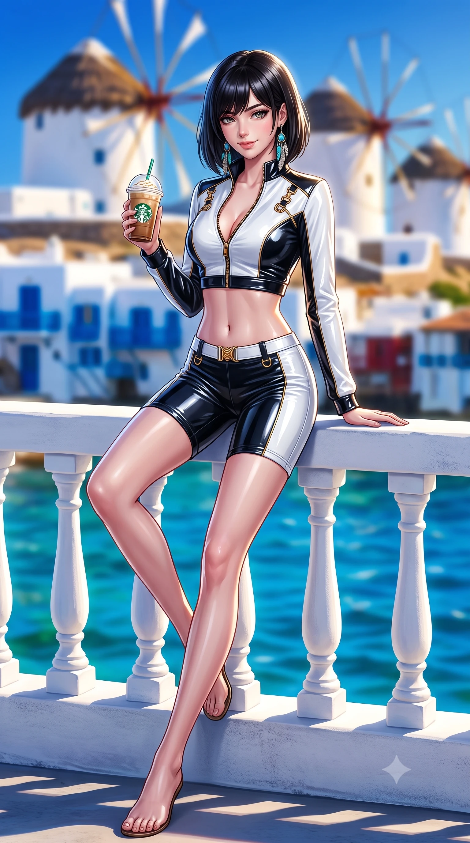 score_9, masterpiece, best quality, ultra-detailed, high-budget anime keyframe, semi-realistic 3D game render, editorial fashion photography, tasteful artistic composition, Caucasian woman. low angle full-body shot from head to toe showing her feet, filling the entire 9:16 vertical frame with her statuesque presence, stretching her vertical silhouette. leaning deep against the balcony balustrade with hips cocked back in an unapologetically alluring high-fashion stance, casting an intoxicating glance while sitting perched on the whitewashed wall with legs crossed, holding an iced frappe while casting a teasing, coquettish smile. The background shows a soft-focus iconic thatched-roof whitewashed windmills, Little Venice cliff houses, and sapphire waves blurred into pure white, cobalt, and gold bokeh. She has an absolutely perfect, statuesque 8.5-heads proportion, an exceptionally tall and slender model-like female figure with impossibly long slender legs, an ultra-slim waist, a flat toned midriff, narrow delicate ribcage, and beautifully sculpted feminine hips creating a graceful, slim hourglass silhouette without any bulky heaviness. sharp v-shaped jawline, high-bridge nose, sparkling eyes with hypnotic seductive depth, thick curled eyelashes, glossy parted lips with a natural dewy peach sheen, alluring bedroom-eyes with an enchanting coquettish smile, exuding magnetic siren charisma and sophisticated glamour, flawlessly proportioned anatomical accuracy, strict slender model proportions, natural body alignment, perfectly sculpted long slender limbs, ultra-slim waistline, clean dynamic posture without body distortion. wearing a modern two-piece desert outlaw set featuring a zip-front crop jacket and curve-hugging low-rise biker shorts in high-contrast coastal monochrome with gold hardware, crafted from wet-look high-gloss vinyl fabric with dazzling specular surface reflections, accented with turquoise and silver bohemian feather earrings swaying near her bare neck, the liquid-tight tailored fabric clinging flawlessly to her narrow waist and rounded feminine hips, emphasizing every millimeter of her sculpted slim hourglass curves without any bulky heaviness. illuminated by Aegean water reflection fill and sharp platinum rim lights sculpting her delicate clavicles, narrow waist, and curvy hips. highly saturated vibrant anime colors, detailed shading with soft gradients, rich glossy textures, high-contrast stereoscopic depth, volumetric dynamic lighting, master piece, 9:16 ratio