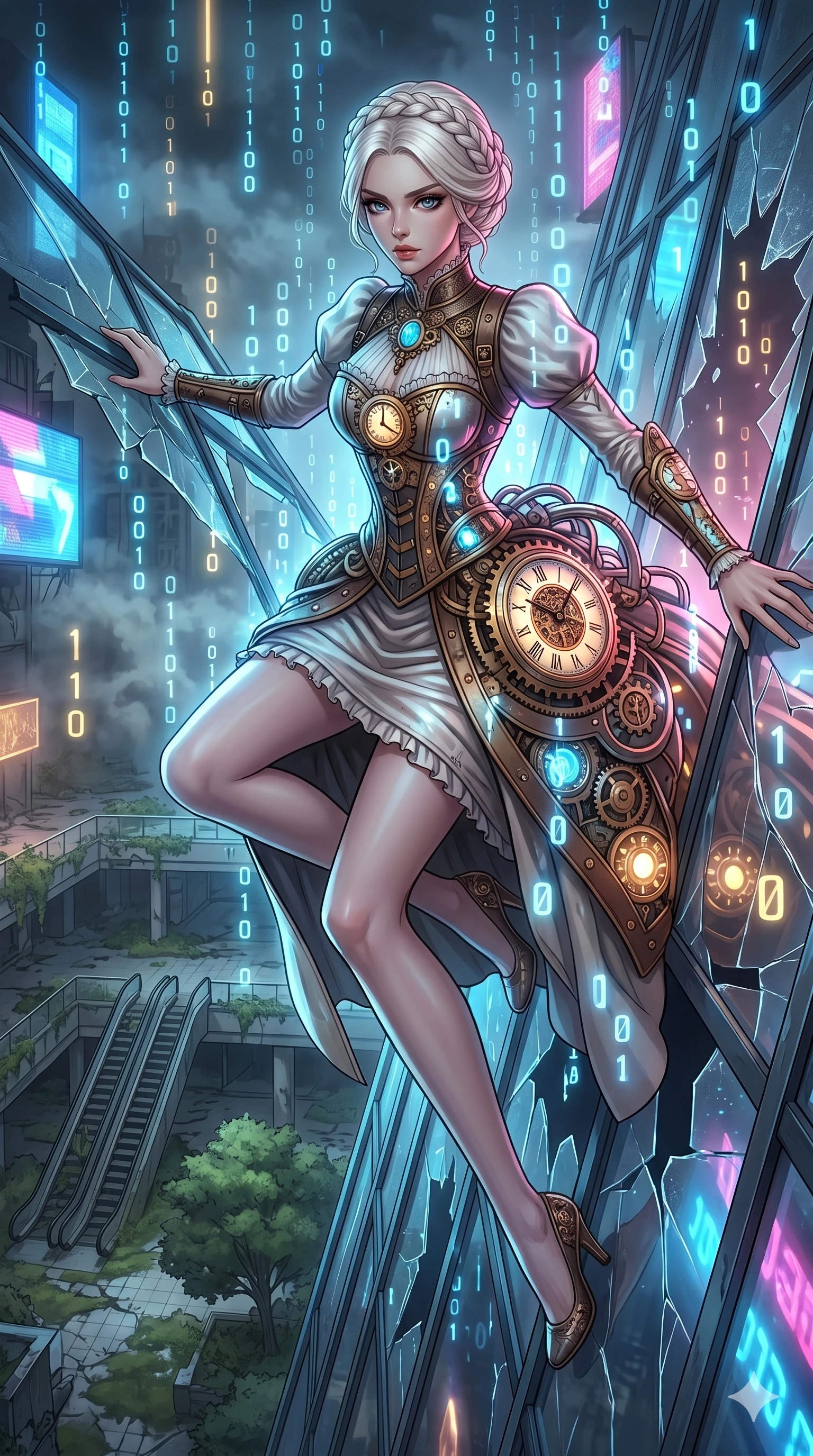 score_9, masterpiece, best quality, ultra-detailed, Set A: High-budget Anime Keyframe, Caucasian (human ears) woman. Upper body close-up from the thighs up, character filling the screen for maximum presence. Theme: Ethereal Dream. sliding down a glass skyscraper in a ruined overgrown shopping mall, as a digital rain of 87 symbols washes over her. The atmosphere is filled with heavy smog with neon flares. She has an absolutely perfect 8-heads proportion, an exceptionally tall and slender female figure with impossibly long slender legs and an ultra-slim waist. Sharp v-shaped jawline, high-bridge nose, intricate jewel-like eyes with depth, glossy lips. Wearing Victorian-future gown with a glowing bustle and integrated clockwork mechanisms. Cinematic lighting, vivid colors, dramatic shadows, 2k, ultra detail, master piece, 9:16 ratio
