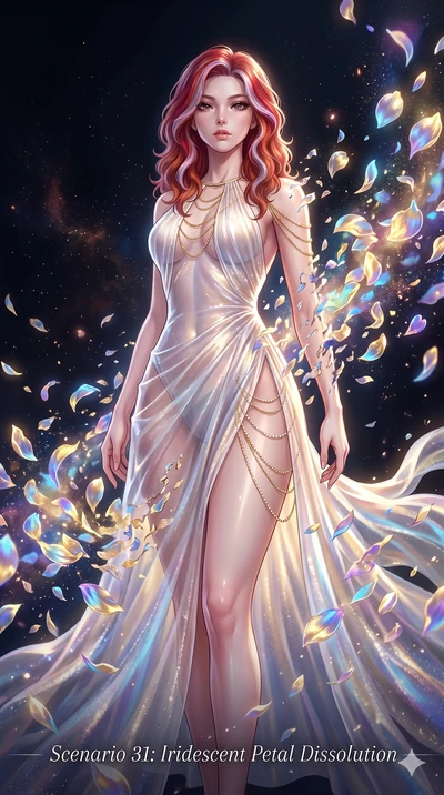 score_9, masterpiece, best quality, ultra-detailed, High-budget Anime Keyframe, East Asian woman. Low angle cowboy shot filling the entire 9:16 frame with her statuesque presence. Scenario 31: Dissolving into a cloud of iridescent silk petals in a vo