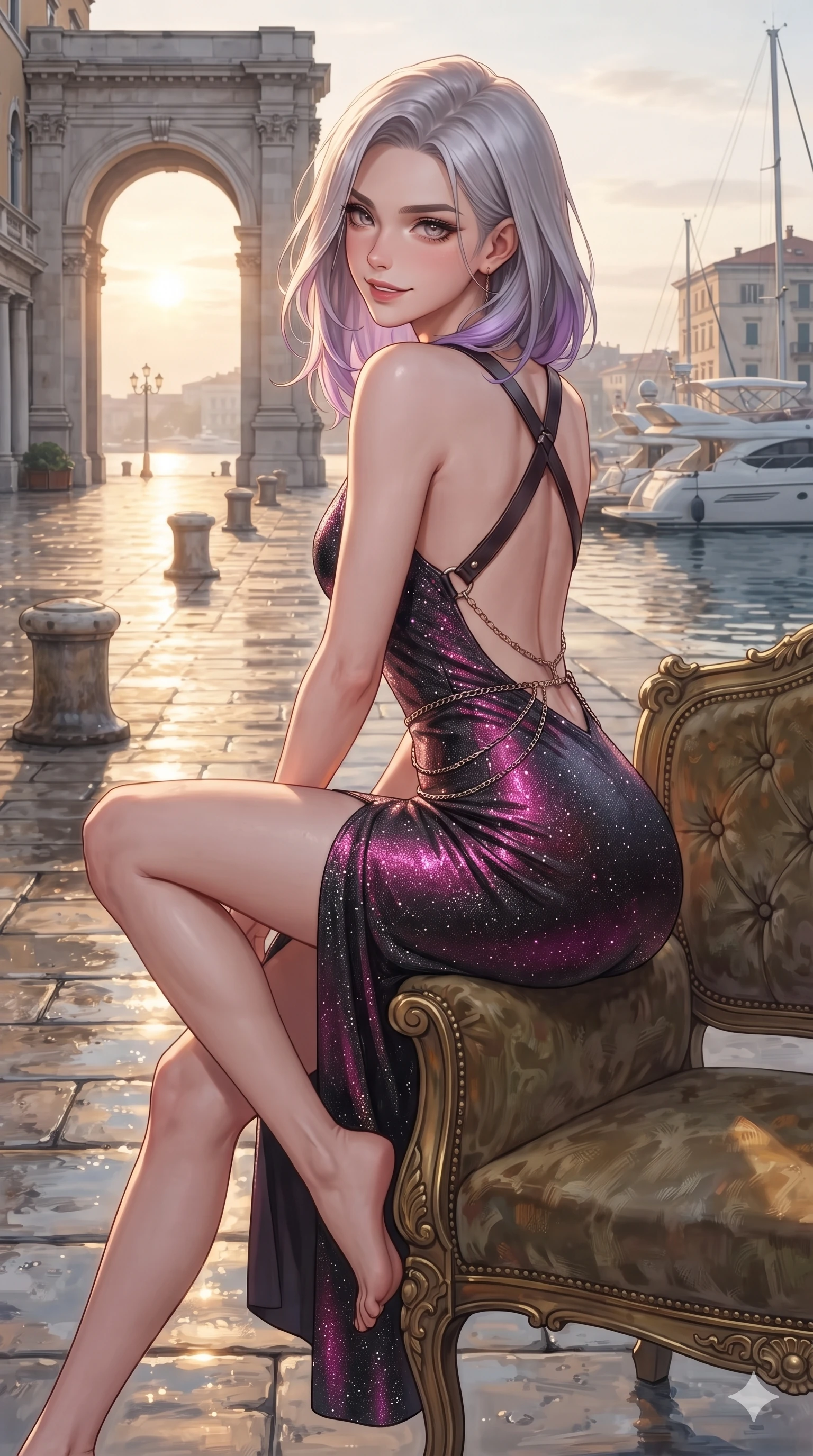 score_9, masterpiece, best quality, ultra-detailed, high-budget anime keyframe, editorial fashion photography, tasteful artistic composition, Caucasian woman. close-up cowboy shot from the waist and thighs up, the character dominates the composition, filling the frame with her large presence. perched sideways on the vintage settee, one knee drawn up to showcase her slender leg line while her arched back accentuates her feminine hip curve while walking slowly along the private marble quay, looking back over her bare shoulder with an air of effortless grace and an alluring, smoldering smile as the first rays of sunlight strike the water. The surrounding environment is rendered in vivid detail and crisp panoramic clarity: detailed liquid-satin evening dress tailoring, delicate chain belts, and historic maritime architecture in high resolution. She has an exceptionally elegant, slender, and willowy female figure with an ultra-slim waist, flat toned midriff, narrow ribcage, and sculpted feminine hips creating an alluring, slim hourglass silhouette without bulk. sharp v-shaped jawline, high-bridge nose, intricate jewel-like sparkling eyes with depth, thick eyelashes, glossy parted lips with a natural sheen, intensely captivating and seductive bedroom-eyes expression, exuding both youthful cute charm and sovereign luxury allure, flawlessly proportioned anatomical accuracy, strict slender model proportions, natural body alignment, perfectly sculpted long slender limbs, ultra-slim waistline, clean dynamic posture without body distortion. wearing a body-contouring metallic lurex knit column dress casting radiant starlight shimmer across her flat midriff in black lacquer and vibrant magenta neon, woven from stretch metallic lurex jersey casting radiant starlight glints across her curves, featuring an open-back criss-cross harness strap in dark leather, the glove-like clinging cut tightly following the natural contour of her hips and long slender legs with youthful 8.5-heads elegance. illuminated by water surface bounce and sharp champagne-gold rim lights defining her razor-sharp jawline, narrow waist, and curvy hips. ultra-reflective glossy finish, specular highlights, rich textural contrasts, high-contrast stereoscopic depth, volumetric dynamic lighting, 2k, ultra detail, master piece, 9:16 ratio