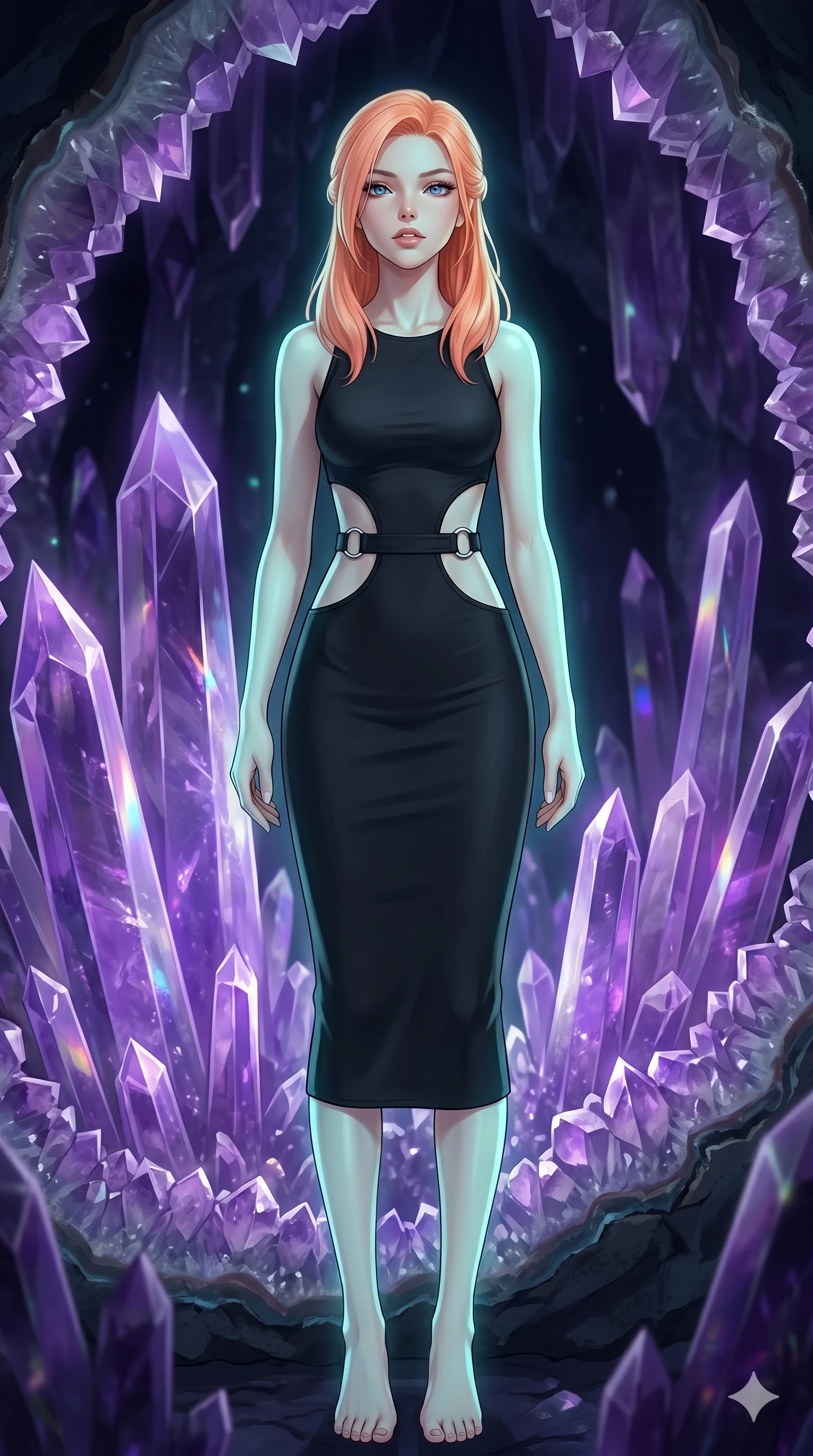 score_9, masterpiece, best quality, ultra-detailed, high-budget anime keyframe, editorial fashion photography, tasteful artistic composition, Japanese woman. cowboy shot from the thighs up, character and outfit filling the frame for maximum editorial presence. Tilting her chin up slightly with lips parted in a composed expression inside a crystalline geode cavern lined with towering amethyst spires casting violet prismatic light. She has an absolutely perfect 8-heads proportion, an exceptionally tall and slender female figure with impossibly long slender legs and an ultra-slim waist. V-shaped jawline, high-bridge nose, intricate jewel-like eyes with depth, thick eyelashes, glossy lips with a natural sheen. wearing a precision matte black bodycon midi dress with strategic architectural cutouts at the waist and side torso framed by clean chrome ring hardware, perfectly fitted to her slender form. illuminated by soft aqua bioluminescent light that makes her skin luminously glow against the dark. 2k, ultra detail, master piece, 9:16 ratio