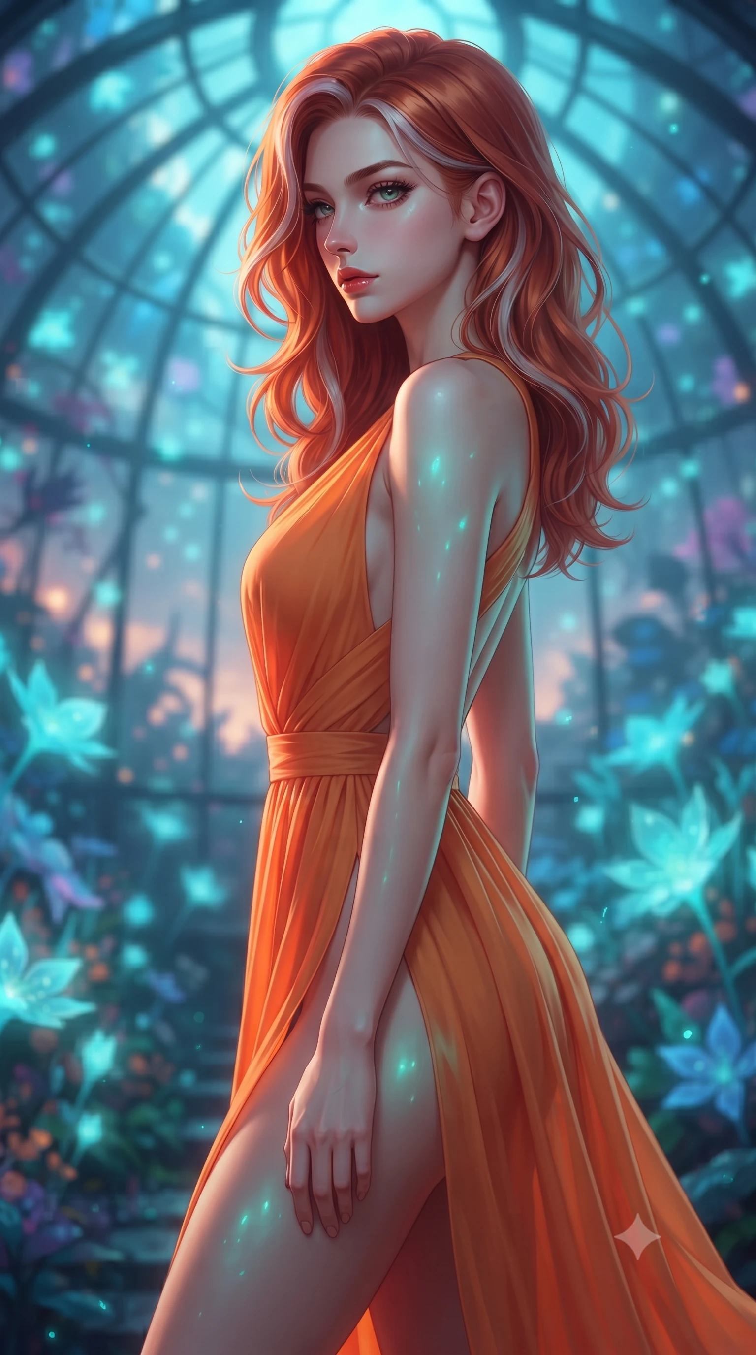 score_9, masterpiece, best quality, ultra-detailed, high-budget anime keyframe, editorial fashion photography, tasteful artistic composition, Caucasian woman. close-up cowboy shot from the waist and thighs up, the character dominates the composition, filling the frame with her large presence, background elements kept in soft focus. turning her face in sharp profile, casting a cold, mysterious, yet intensely alluring side gaze, the background shows a soft-focus a celestial greenhouse dome filled with glowing bioluminescent blue flora at dusk. She has an exceptionally elegant, slender, and willowy female figure with an ultra-slim waist, a gracefully sculpted slender torso, and a refined silhouette. sharp v-shaped jawline, high-bridge nose, intricate jewel-like eyes with depth, thick eyelashes, glossy lips with a natural sheen. wearing a tailored high-slit resort gown in sunset orange chiffon, featuring a daring thigh-slit and open back. bioluminescent teal glow radiating softly from the petals onto her skin. highly saturated vibrant anime colors, detailed shading with soft gradients, rich glossy textures, high-contrast stereoscopic depth, volumetric dynamic lighting, master piece, 9:16 ratio