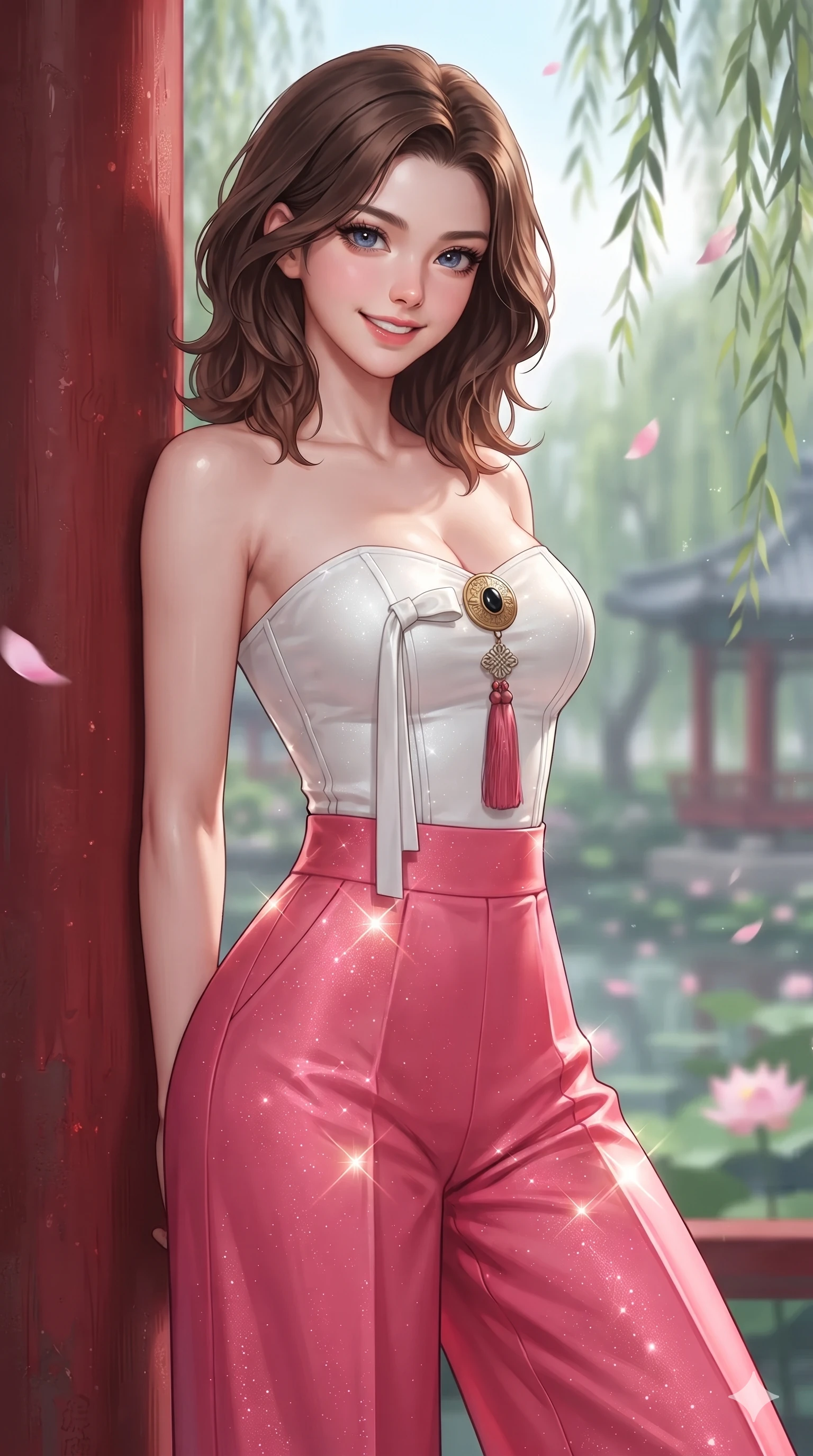 score_9, masterpiece, best quality, ultra-detailed, high-budget anime keyframe, editorial fashion photography, tasteful artistic composition, Korean woman. close-up cowboy shot from the waist and thighs up, the character dominates the composition, filling the frame with her large presence. smiling with quiet, magnetic self-assurance directly into the camera, her sculpted waistline catching specular moonbeam highlights while leaning back against the red lacquer pillar with hips cocked back, looking through dark curled eyelashes with an enchanting, coquettish smile. The background shows a soft-focus swaying weeping willow branches, floating pink lotus petals, and distant garden pavilions blurred into rose, celadon, and slate bokeh. She has an exceptionally elegant, slender, and willowy female figure with an ultra-slim waist, flat toned midriff, narrow ribcage, and sculpted feminine hips creating an alluring, slim hourglass silhouette without bulk. sharp v-shaped jawline, high-bridge nose, sparkling eyes with hypnotic seductive depth, thick curled eyelashes, glossy parted lips with a natural dewy peach sheen, alluring bedroom-eyes with an enchanting coquettish smile, exuding magnetic siren charisma and sophisticated glamour, flawlessly proportioned anatomical accuracy, strict slender model proportions, natural body alignment, perfectly sculpted long slender limbs, ultra-slim waistline, clean dynamic posture without body distortion. wearing a modern strapless boned hanbok bustier with traditional norigae tassel accents paired with high-waisted wide-leg silk trousers in pure snow white and vivid cherry blossom crimson, woven from metallic lurex thread casting radiant starlight glints across her silhouette, accented with an authentic engraved gold medallion and obsidian cabochons, the form-fitting cut adhering flawlessly to her sculpted flat midriff and slender torso, emphasizing her long leg lines and perfectly proportioned willowy build. illuminated by dark water reflection bounce and sharp silver-rose rim lights defining her razor-sharp jawline, narrow waist, and curvy hips. ultra-reflective glossy finish, specular highlights, rich textural contrasts, high-contrast stereoscopic depth, volumetric dynamic lighting, 2k, ultra detail, master piece, 9:16 ratio