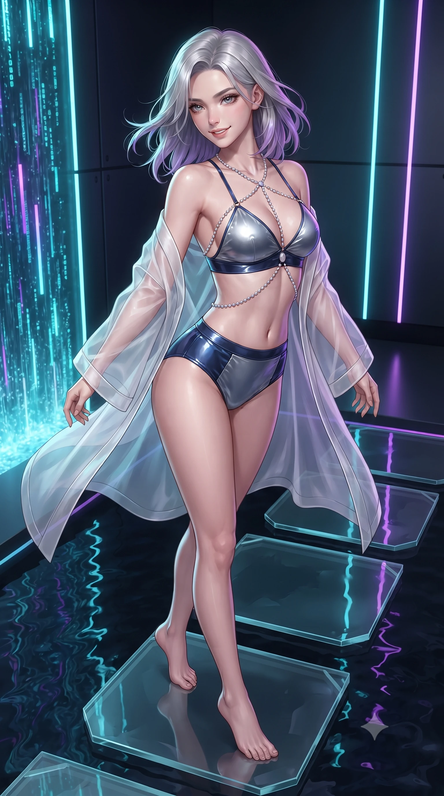 score_9, masterpiece, best quality, ultra-detailed, high-budget anime keyframe, editorial fashion photography, tasteful artistic composition, Caucasian woman. close-up cowboy shot from the waist and thighs up, the character dominates the composition, filling the frame with her large presence. turning slowly with an enchanting smoldering smile, her glossy hair tossing in the breeze as her hips angle gracefully in a captivating contrapposto while standing poised on the transparent glass stepping stones above the dark reflecting basin, arching her back with breathtaking sci-fi elegance. The surrounding environment is rendered in vivid detail and crisp panoramic clarity: sharp holographic waterfall code particle edges, glass stepping stone beveled corners, and black titanium wall seams in deep focus. She has an exceptionally elegant, slender, and willowy female figure with an ultra-slim waist, flat toned midriff, narrow ribcage, and sculpted feminine hips creating an alluring, slim hourglass silhouette without bulk. sharp v-shaped jawline, high-bridge nose, sparkling eyes with hypnotic seductive depth, thick curled eyelashes, glossy parted lips with a natural dewy peach sheen, alluring bedroom-eyes with an enchanting coquettish smile, exuding magnetic siren charisma and sophisticated glamour, flawlessly proportioned anatomical accuracy, strict slender model proportions, natural body alignment, perfectly sculpted long slender limbs, ultra-slim waistline, clean dynamic posture without body distortion. wearing a sheer organza kimono robe worn loose and slipping off bare shoulders over a matching satin bralette and high-waisted briefs in molten liquid silver and deep sapphire navy, crafted from wet-look high-gloss vinyl fabric with dazzling specular surface reflections, accented with a pearl-drop body harness subtly framing her dewy collarbones and spine, the second-skin tailored fabric adhering flawlessly to her sculpted flat midriff and slender torso, emphasizing her long leg lines and perfectly proportioned willowy build. illuminated by basin water specular reflections and sharp electric-cyan rim lights defining her delicate clavicles, narrow waist, and curvy hips. ultra-reflective glossy finish, specular highlights, rich textural contrasts, high-contrast stereoscopic depth, volumetric dynamic lighting, 2k, ultra detail, master piece, 9:16 ratio