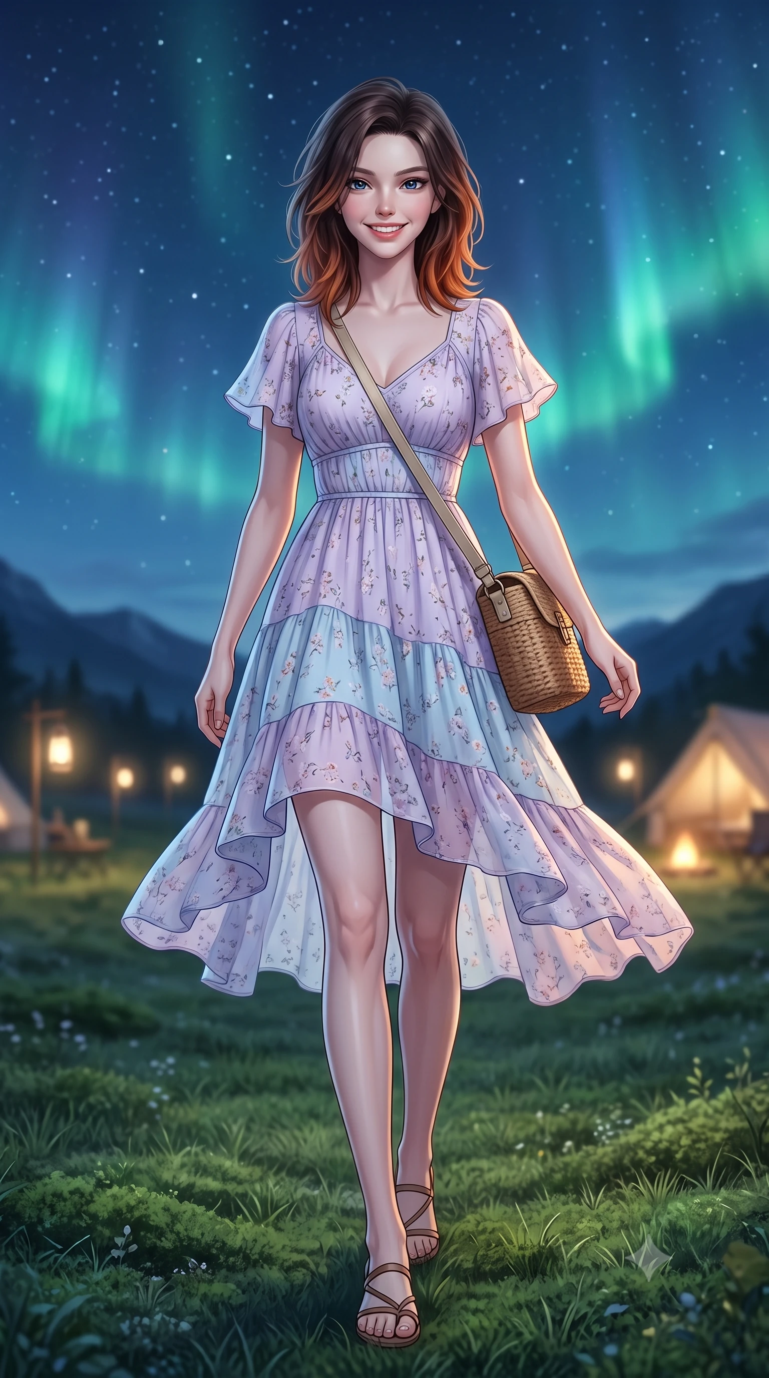 score_9, masterpiece, best quality, ultra-detailed, high-budget anime keyframe, semi-realistic 3D game render, editorial fashion photography, tasteful artistic composition, Korean woman. low angle full-body shot from head to toe showing her feet, filling the entire 9:16 vertical frame with her statuesque presence, stretching her vertical silhouette. walking forward in a cheerful, dynamic stride with a radiant beaming smile, her statuesque silhouette filling the frame while lying on the soft grass looking up at dancing emerald aurora borealis waves with a dreamy, affectionate smile. The composition keeps background elements in soft focus with creamy bokeh. dark mountain silhouettes and distant campsite campfires softened in smooth nocturnal depth of field. She has an absolutely perfect, statuesque 8.5-heads proportion, an exceptionally tall and slender model-like female figure with impossibly long slender legs, a toned flat midriff, and an ultra-slim waist. sharp v-shaped jawline, high-bridge nose, intricate jewel-like eyes with depth, thick eyelashes, glossy lips with a natural sheen, pure and lovely fresh girlhood expression, flawlessly proportioned anatomical accuracy, strict slender model proportions, natural body alignment, perfectly sculpted long slender limbs, ultra-slim waistline, clean dynamic posture without body distortion. wearing a breezy tiered chiffon sundress with delicate floral print and short flutter sleeves in soft pastel lavender and delicate sky blue, made of comfortable premium stretch denim and airy cotton-jersey, accessorized with a rustic woven wicker bag and canvas strap, the soft airy drape swaying gracefully with her dynamic movements, emphasizing her tall willowy build and slim waistline. illuminated by soft celestial starlight and lantern rim light defining her slender, elegant silhouette. highly saturated vibrant anime colors, detailed shading with soft gradients, rich glossy textures, high-contrast stereoscopic depth, volumetric dynamic lighting, master piece, 9:16 ratio