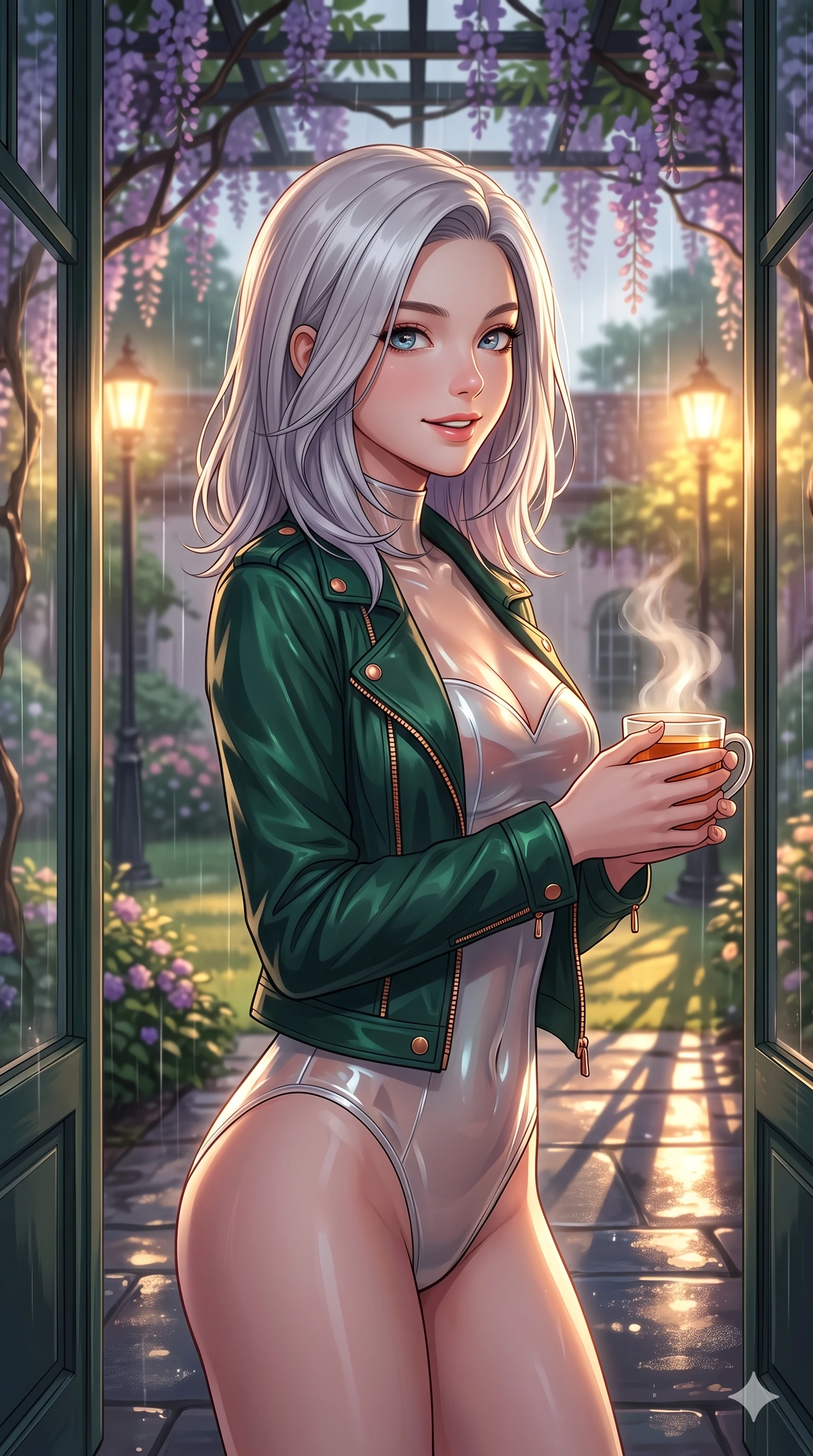 score_9, masterpiece, best quality, ultra-detailed, high-budget anime keyframe, vibrant anime aesthetic, Caucasian woman, strictly human ears. close-up cowboy shot from the waist and thighs up, the character dominates the composition, filling the frame with her large presence, background elements kept in soft focus. She is holding a warm mug of tea, looking at the camera with a gentle smile, looking over her shoulder at the camera with a lively, expressive stance. the background shows a soft-focus wooden bench under a wisteria trellis in a quiet courtyard garden during a gentle afternoon rain (Code-P22-155). She has an absolutely perfect proportion, an exceptionally elegant and slender female figure with an ultra-slim waist. V-shaped jawline, high-bridge nose, intricate jewel-like eyes with depth, thick eyelashes, glossy lips with a natural sheen. wearing a translucent high-shine bodysuit with a sweetheart neckline under a lightweight jacket in dark emerald and copper details. She is lit by dramatic, high-contrast streetlights casting long shadows in the rain, adding depth to her jewel-like eyes inside the retro conservatory cafe. 2k, ultra detail, master piece, 9:16 ratio