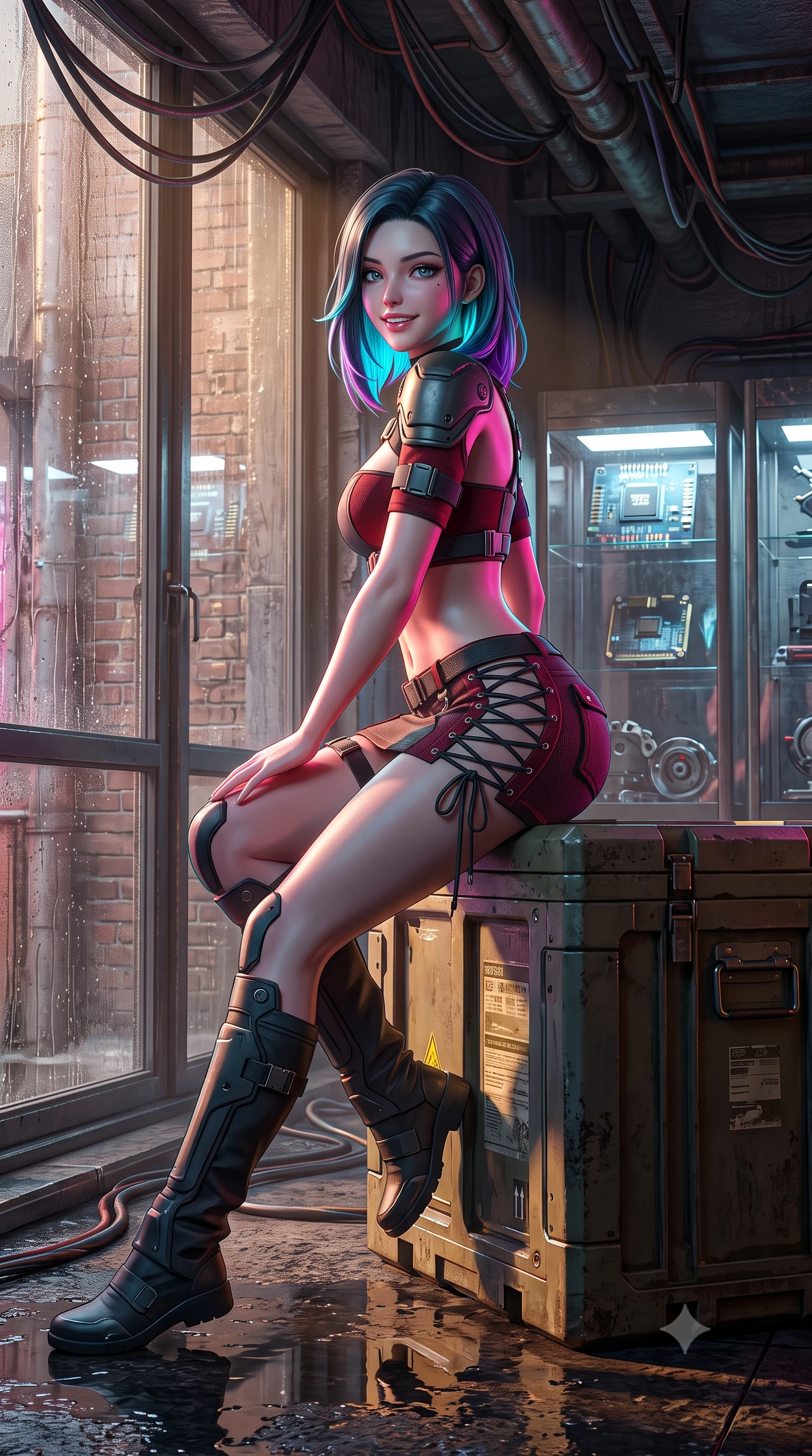 score_9, masterpiece, best quality, ultra-detailed, high-budget anime keyframe, semi-realistic 3D game render, editorial fashion photography, tasteful artistic composition, Caucasian woman. low angle full-body shot from head to toe showing her feet, filling the entire 9:16 vertical frame with her statuesque presence, stretching her vertical silhouette. posing in a classic haute-couture S-curve stance beside the floor-to-ceiling window, looking over a bare shoulder with magnetic presence while sitting poised on the elevated industrial cargo crate with one knee bent, arching her back with playful warrior flair and parted glossy lips. The surrounding environment is rendered in vivid detail and crisp panoramic clarity: sharp wet brick textures, glass display case reflections with micro-chip components, and weathered cyberpunk cables in deep focus. She has an exceptionally tall and slender model-like 8.5-heads proportion, an ultra-slim waist, a flat toned midriff, narrow delicate ribcage, and beautifully sculpted feminine hips creating a graceful, slim hourglass silhouette without any bulky heaviness, with impossibly long slender legs. sharp v-shaped jawline, high-bridge nose, intricate jewel-like sparkling eyes with depth, thick eyelashes, glossy parted lips with a natural peach sheen, bright cheerful beaming smile with an enchanting and coquettish sensual glint, exuding both youthful cute charm and seductive allure, flawlessly proportioned anatomical accuracy, strict slender model proportions, natural body alignment, perfectly sculpted long slender limbs, ultra-slim waistline, clean dynamic posture without body distortion. wearing an ultra-cropped tactical tech-wear bandeau top with molded shoulder armor paired with a micro mini skirt revealing her flat toned midriff in deep crimson hazard red and matte dark titanium, crafted from bespoke double-faced cashmere with an exceptionally soft tactile finish, featuring fine criss-cross lace-up side ties revealing tantalizing glimpses of her hip curve, the impeccably tailored cut draping gracefully along her slender figure with aristocratic poise. illuminated by puddle reflection bounce and sharp neon-pink rim lights sculpting her jawline, narrow waist, and curvy hips. highly saturated vibrant anime colors, detailed shading with soft gradients, rich glossy textures, high-contrast stereoscopic depth, volumetric dynamic lighting, master piece, 9:16 ratio