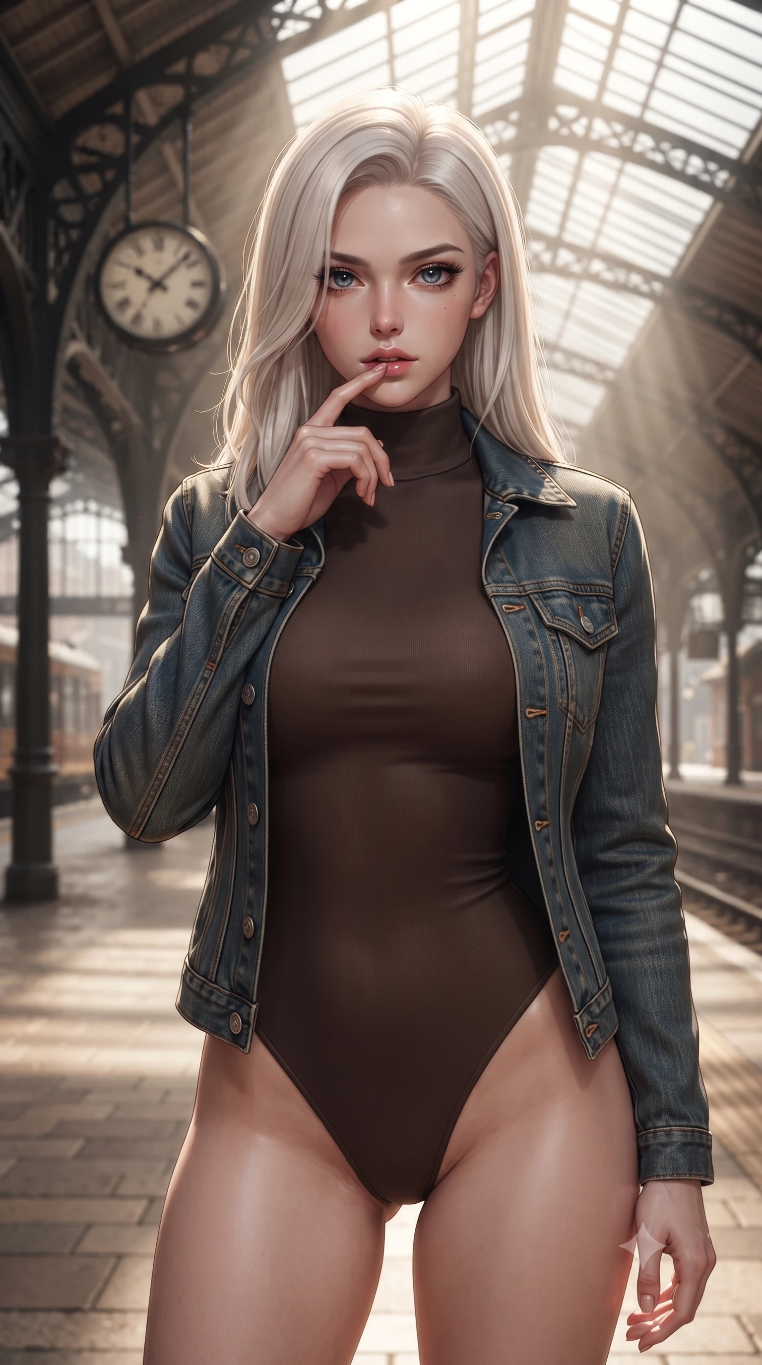 score_9, masterpiece, best quality, ultra-detailed, high-budget anime keyframe, editorial fashion photography, tasteful artistic composition, Caucasian woman woman. close-up cowboy shot from the waist and thighs up, the character dominates the composition, filling the frame with her large presence, background elements kept in soft focus. pressing one finger to her bottom lip in a thoughtful, seductive gesture under the warm sun the background shows a soft-focus a historic train station platform built of iron and glass, with a classic clock hanging. She has an exceptionally elegant, slender, and willowy female figure with an ultra-slim waist, a gracefully sculpted slender torso, and a refined silhouette. sharp v-shaped jawline, high-bridge nose, intricate jewel-like eyes with depth, thick eyelashes, glossy lips with a natural sheen. wearing a form-contouring form-contouring high-neck bodysuit in dark brown, worn under a tailored open denim jacket. morning sunrays cutting through the glass roof, creating volumetric light shafts. ultra-reflective glossy finish, specular highlights, metallic sheen, high-contrast stereoscopic depth, volumetric dynamic lighting, 2k, ultra detail, master piece, 9:16 ratio