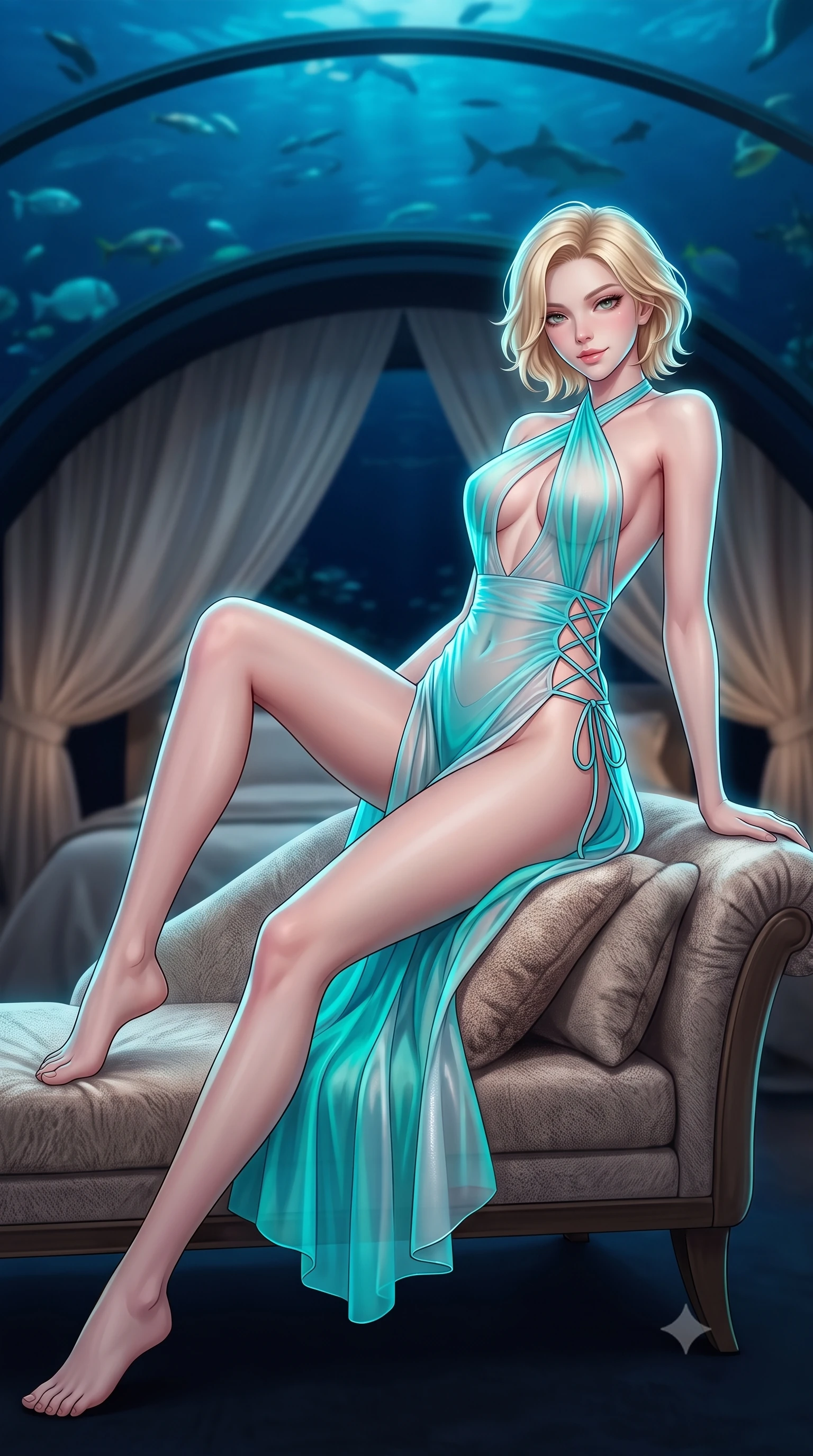 score_9, masterpiece, best quality, ultra-detailed, high-budget anime keyframe, semi-realistic 3D game render, editorial fashion photography, tasteful artistic composition, Caucasian woman. low angle full-body shot from head to toe showing her feet, filling the entire 9:16 vertical frame with her statuesque presence, stretching her vertical silhouette. reclining gracefully across the plush chaise lounge with one leg extended, her sculpted silhouette and flat midriff radiating magnetic nocturnal glamour while standing poised beneath the 180-degree curved acrylic ceiling five meters beneath the ocean surface, arching her spine with breathtaking siren elegance. The background shows a soft-focus interior silk bed drapes softened in avant-garde sub-aquatic luxury shallow focus. She has an absolutely perfect, statuesque 8.5-heads proportion, an exceptionally tall and slender model-like female figure with impossibly long slender legs, an ultra-slim waist, a flat toned midriff, narrow delicate ribcage, and beautifully sculpted feminine hips creating a graceful, slim hourglass silhouette without any bulky heaviness. sharp v-shaped jawline, high-bridge nose, sparkling eyes with hypnotic seductive depth, thick curled eyelashes, glossy parted lips with a natural dewy peach sheen, alluring bedroom-eyes with an enchanting coquettish smile, exuding magnetic siren charisma and sophisticated glamour, flawlessly proportioned anatomical accuracy, strict slender model proportions, natural body alignment, perfectly sculpted long slender limbs, ultra-slim waistline, clean dynamic posture without body distortion. wearing a criss-cross halterneck keyhole bodysuit with open back and sculpted waist darts in bioluminescent neon teal and starlight silver, made of sheer gossamer chiffon that drapes softly against skin with airy translucence, featuring fine criss-cross lace-up side ties revealing tantalizing glimpses of her hip curve, the second-skin tailored fabric adhering flawlessly to her sculpted flat midriff and slender torso, emphasizing her long leg lines and perfectly proportioned willowy build. illuminated by dome acrylic reflection fill and sharp electric-cyan rim lights sculpting her jawline, flat midriff, and voluptuous hip curves. highly saturated vibrant anime colors, detailed shading with soft gradients, rich glossy textures, high-contrast stereoscopic depth, volumetric dynamic lighting, master piece, 9:16 ratio