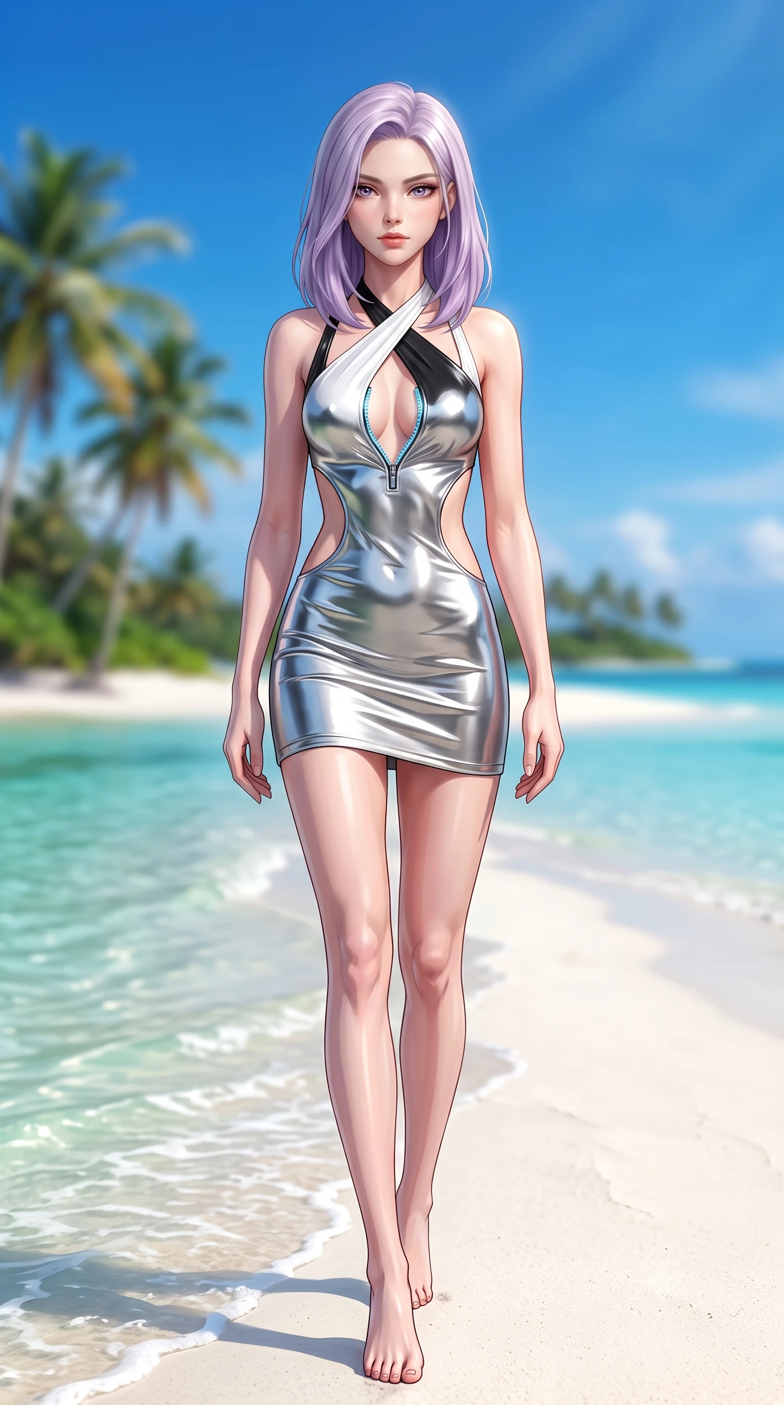 score_9, masterpiece, best quality, ultra-detailed, high-budget anime keyframe, semi-realistic 3D game render, editorial fashion photography, tasteful artistic composition, Caucasian woman. low angle full-body shot from head to toe showing her feet, filling the entire 9:16 vertical frame with her statuesque presence, stretching her vertical silhouette. striding forward in a proud, statuesque motion with a dangerous smolder, her vertical silhouette dominating the frame from head to toe while stepping along a pristine white sand sandbar as shallow emerald lagoon waves lap gently at her feet. The composition keeps background elements in soft focus with creamy bokeh. distant palm-lined islands and vibrant blue sky softened by shallow atmospheric focus. She has an absolutely perfect, statuesque 8.5-heads proportion, an exceptionally tall and slender model-like female figure with impossibly long slender legs, a toned flat midriff, and an ultra-slim waist. sharp v-shaped jawline, high-bridge nose, intricate jewel-like eyes with depth, thick eyelashes, glossy lips with a natural sheen, flawlessly proportioned anatomical accuracy, strict slender model proportions, natural body alignment, perfectly sculpted long slender limbs, ultra-slim waistline, clean dynamic posture without body distortion. wearing a molten silver liquid-metal mini dress featuring deep side-waist cutouts and a daring crossover halter neckline in high-gloss monochrome white and sharp black contrast, made of liquid metal jersey that clings flawlessly to every contour of her build, featuring a dangerously unzipped neckline framed by glowing cybernetic accents, the form-contouring material adhering flawlessly to her sculpted flat midriff and slender torso, emphasizing her long leg lines and perfectly proportioned willowy build. surrounded by a fresh, sun-soaked, and breathtakingly sensual tropical paradise ambiance. highly saturated vibrant anime colors, detailed shading with soft gradients, rich glossy textures, high-contrast stereoscopic depth, volumetric dynamic lighting, master piece, 9:16 ratio