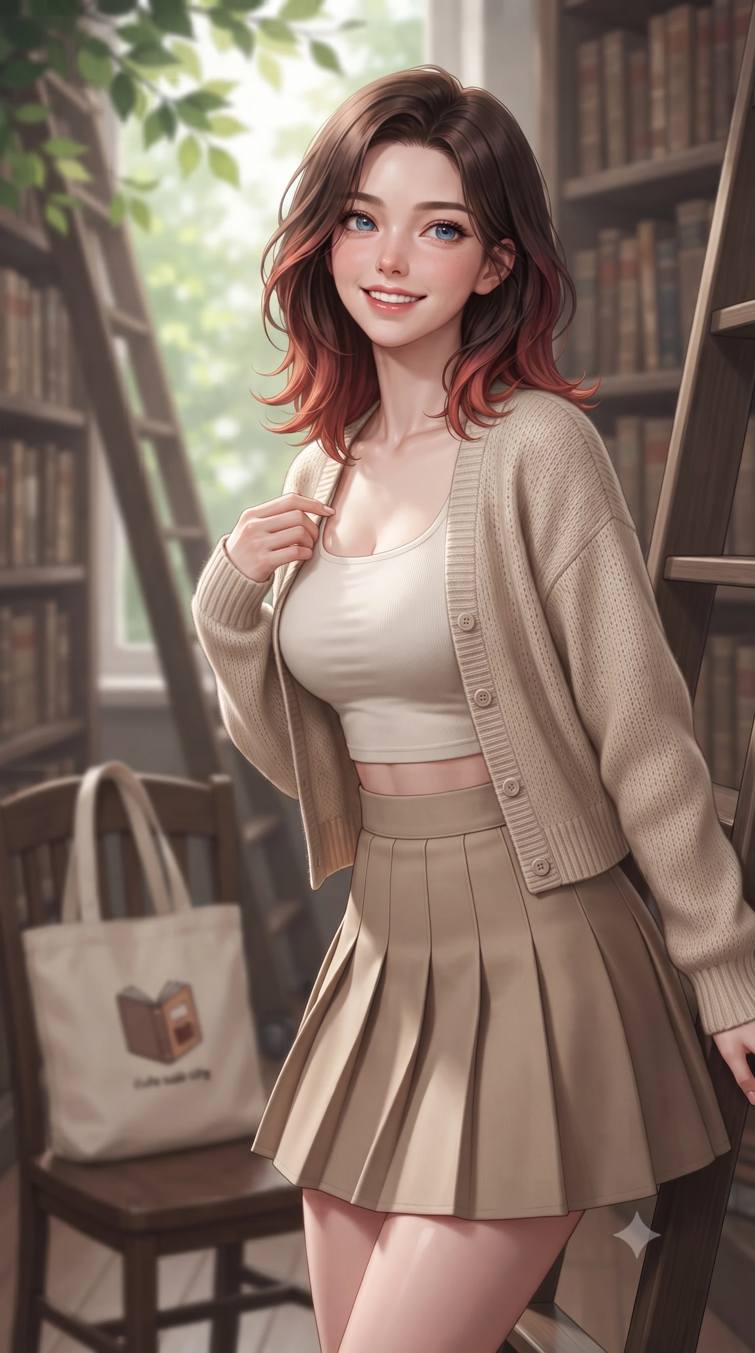 score_9, masterpiece, best quality, ultra-detailed, high-budget anime keyframe, editorial fashion photography, tasteful artistic composition, Korean woman. close-up cowboy shot from the waist and thighs up, the character dominates the composition, filling the frame with her large presence, background elements kept in soft focus. gazing past the camera with a happy, bright expression and a warm smile set against a soft-focus background of in a university archives room with tall ladders and rows of vintage manuscripts with a cute canvas book tote bag sitting on the chair next to her. She has an exceptionally elegant, slender, and willowy female figure with an ultra-slim waist, a gracefully sculpted slender torso, and a refined silhouette. sharp v-shaped jawline, high-bridge nose, intricate jewel-like eyes with depth, thick eyelashes, glossy lips with a natural sheen. wearing body-hugging crop top under an open knit cardigan, paired with a high-waist pleated A-line skirt. soft afternoon daylight filtered through green leaves outside the window. ultra-reflective glossy finish, specular highlights, metallic sheen, high-contrast stereoscopic depth, volumetric dynamic lighting, 2k, ultra detail, master piece, 9:16 ratio