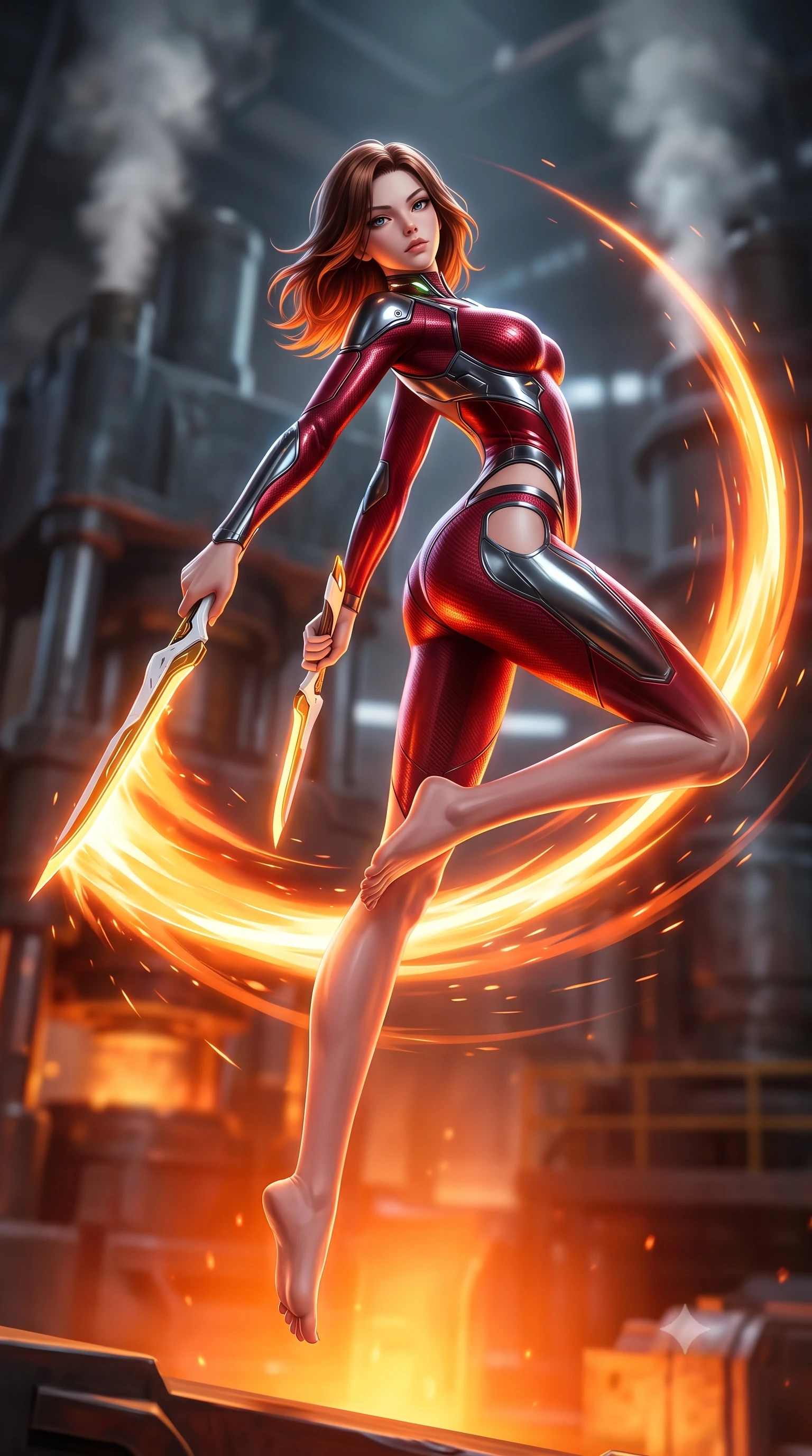 score_9, masterpiece, best quality, ultra-detailed, high-budget anime keyframe, semi-realistic 3D game render, editorial fashion photography, tasteful artistic composition, Korean woman. low angle full-body shot from head to toe showing her feet, filling the entire 9:16 vertical frame with her statuesque presence, stretching her vertical silhouette. arching her back gracefully in mid-air during a dynamic combat vault, her weapon energy trail framing her statuesque presence while pivoting dynamically in a sweeping spin as the molten-orange plasma scythe blade leaves a blazing crescent of light in mid-air. The composition keeps background elements in soft focus with creamy bokeh. massive industrial forge hydraulic presses and steam vents softened in atmospheric shallow focus. She has an absolutely perfect, statuesque 8.5-heads proportion, an exceptionally tall and slender model-like female figure with impossibly long slender legs, a toned flat midriff, and an ultra-slim waist. sharp v-shaped jawline, high-bridge nose, intricate jewel-like eyes with depth, thick eyelashes, glossy lips with a natural sheen, flawlessly proportioned anatomical accuracy, strict slender model proportions, natural body alignment, perfectly sculpted long slender limbs, ultra-slim waistline, clean dynamic posture without body distortion. wearing a skin-tight crimson carbon-weave combat leotard with metallic dark chrome plating and hip-accentuating cutouts, holding twin glowing high-frequency vibro-blades with effortless supermodel poise in arctic white carbon composite with radiant solar gold plating, formed from high-gloss patent carbon-plating with specular chiaroscuro reflections, featuring a sleek aerodynamic collar framed by subtle glowing cybernetic status LEDs, the liquid-tight tailored fabric emphasizing every curve of her tall, slender model proportions and sculptured silhouette during dynamic movement. bathed in blazing orange magma uplights and intense molten plasma scythe glow. rich saturated anime colors with glowing neon highlights, detailed shading with soft gradients, rich glossy textures, high-contrast stereoscopic depth, volumetric dynamic lighting, master piece, 9:16 ratio