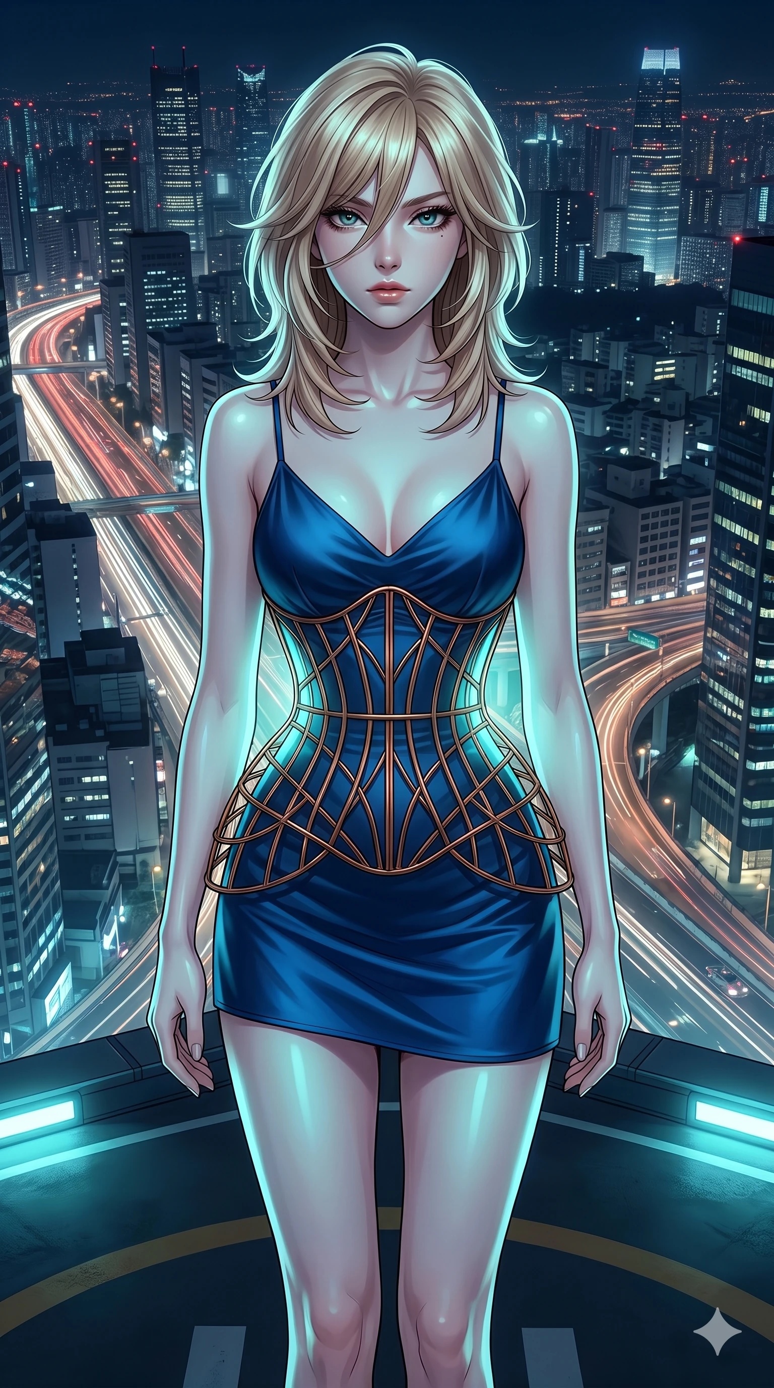 score_9, masterpiece, best quality, ultra-detailed, high-budget anime keyframe, editorial fashion photography, tasteful artistic composition, Japanese woman. cowboy shot from the thighs up, character and outfit filling the frame for maximum editorial presence. Looking directly at the camera through a strand of hair, her gaze mysterious and focused on a rooftop helipad overlooking a futuristic city with flying vehicle light trails. She has an absolutely perfect 8-heads proportion, an exceptionally tall and slender female figure with impossibly long slender legs and an ultra-slim waist. V-shaped jawline, high-bridge nose, intricate jewel-like eyes with depth, thick eyelashes, glossy lips with a natural sheen. wearing a deep sapphire blue silk slip dress accented with a custom-crafted copper wire cage corset. illuminated by soft aqua bioluminescent light that makes her skin glow luminously against the dark. 2k, ultra detail, master piece, 9:16 ratio