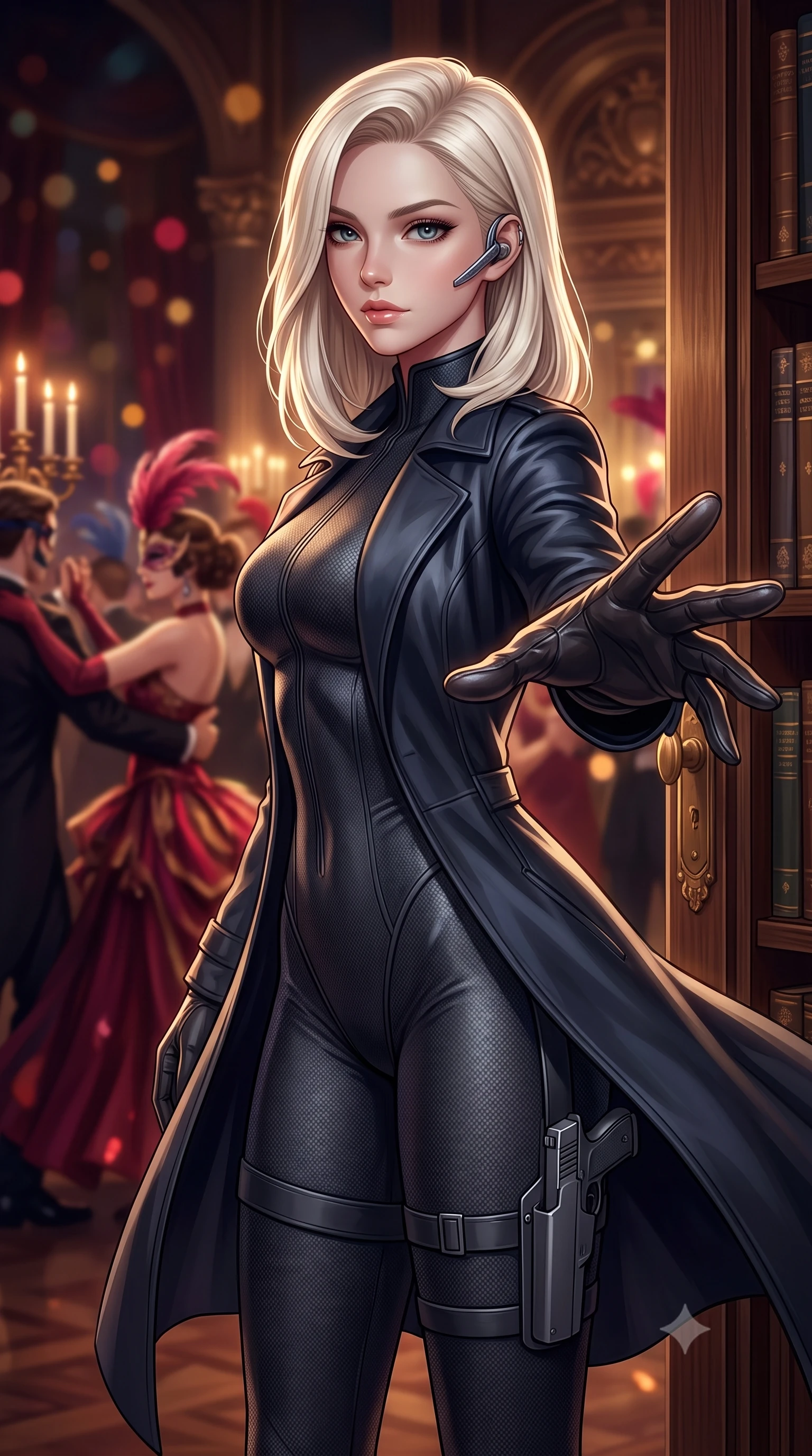 score_9, masterpiece, best quality, ultra-detailed, high-budget anime keyframe, semi-realistic 3D game render, editorial fashion photography, tasteful artistic composition, Caucasian woman. close-up cowboy shot from the waist and thighs up, the character dominates the composition, filling the frame with her large presence. extending one slender arm gracefully toward the foreground while casting an affectionate, mesmerizing glance while slipping through a secret revolving bookcase door from the grand library with sovereign stealth and fluid grace. The composition keeps background elements in soft focus with creamy bokeh. dancing masquerade guests in feathered costumes and candelabra flames blurred into rich ruby, gold, and dark amber bokeh. She has an exceptionally elegant, slender, and willowy female figure with an ultra-slim waist, a gracefully sculpted slender torso, toned flat midriff, and a refined slim silhouette. sharp v-shaped jawline, high-bridge nose, intricate jewel-like eyes with depth, thick eyelashes, glossy lips with a natural sheen, captivating and magnetic expression, flawlessly proportioned anatomical accuracy, strict slender model proportions, natural body alignment, perfectly sculpted long slender limbs, ultra-slim waistline, clean dynamic posture without body distortion. wearing a sleek second-skin dark carbon-weave infiltration catsuit paired with a tailored long leather trench coat in stealth obsidian black and midnight navy, crafted from flexible ballistic matte leather and ultra-sleek stretch neoprene, equipped with a minimalist titanium leg holster and smart holographic earpiece edition #18, the form-contouring material adhering flawlessly to her sculpted flat midriff and slender torso, emphasizing her long leg lines and perfectly proportioned willowy build. surrounded by an enigmatic, enchanting, and lethal undercover spy duchess aura. highly saturated vibrant anime colors, detailed shading with soft gradients, rich glossy textures, high-contrast stereoscopic depth, volumetric dynamic lighting, master piece, 9:16 ratio