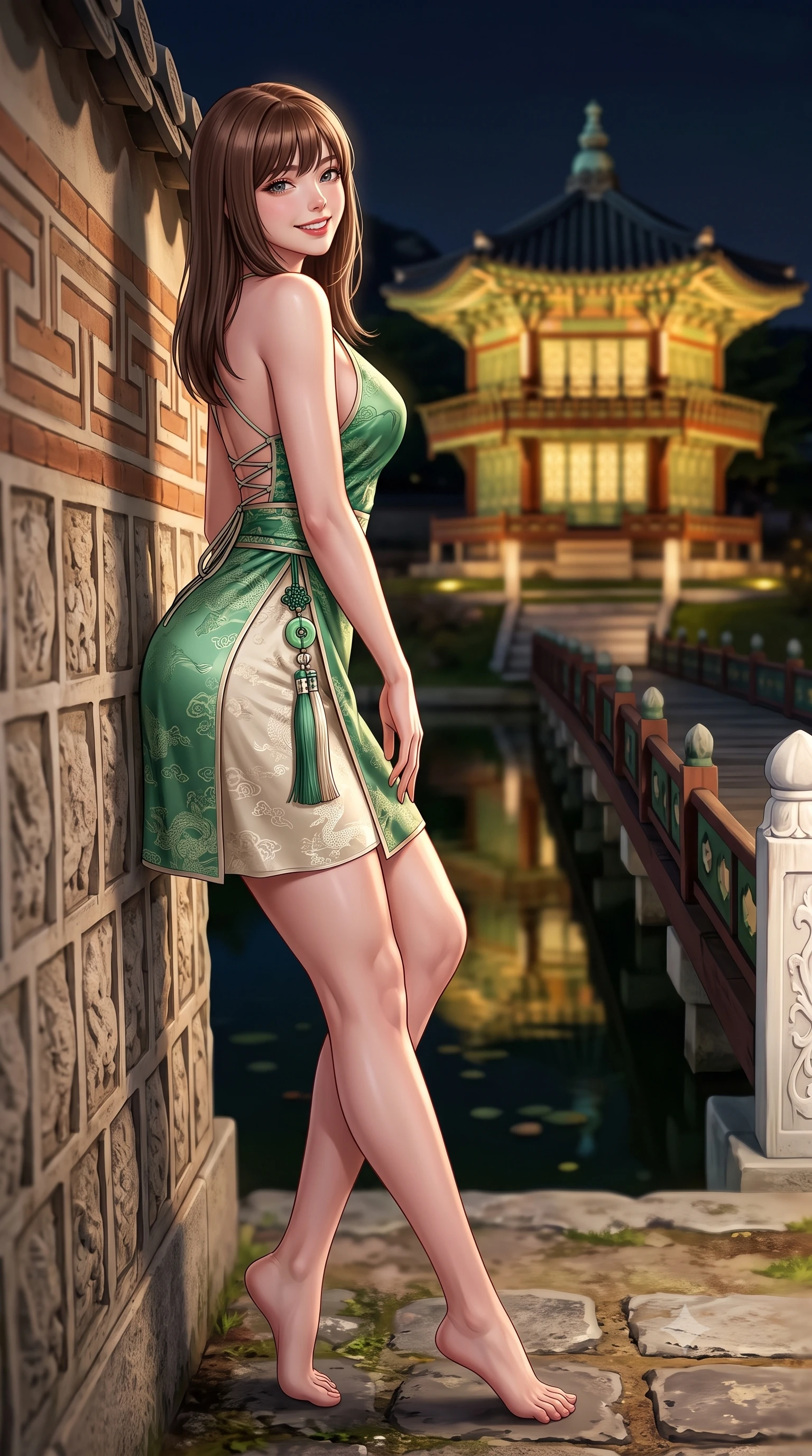 score_9, masterpiece, best quality, ultra-detailed, high-budget anime keyframe, semi-realistic 3D game render, editorial fashion photography, tasteful artistic composition, Korean woman. low angle full-body shot from head to toe showing her feet, filling the entire 9:16 vertical frame with her statuesque presence, stretching her vertical silhouette. leaning deep against the ancient temple wall with hips cocked back in an unapologetically alluring high-fashion stance, flashing a warm beaming smile while leaning against the carved white wooden bridge railing with hips cocked back, looking over her shoulder with an alluring, moonlit smile. The background shows a soft-focus the two-story hexagonal Hyangwonjeong pavilion illuminated in warm gold across still pond waters blurred into gold, jade, and dark obsidian bokeh. She has an absolutely perfect, statuesque 8.5-heads proportion, an exceptionally tall and slender model-like female figure with impossibly long slender legs, an ultra-slim waist, a flat toned midriff, narrow delicate ribcage, and beautifully sculpted feminine hips creating a graceful, slim hourglass silhouette without any bulky heaviness. sharp v-shaped jawline, high-bridge nose, intricate jewel-like dark sparkling almond eyes with depth, thick lashes, glossy parted lips with a natural rose-plum sheen, bright alluring and coquettish smile with bedroom-eyes, exuding both timeless oriental elegance and sovereign high-fashion allure, flawlessly proportioned anatomical accuracy, strict slender model proportions, natural body alignment, perfectly sculpted long slender limbs, ultra-slim waistline, clean dynamic posture without body distortion. wearing a backless lace-up silk sundress with traditional cloud embroidery and an ultra-fitted hip-hugging silhouette in fresh bamboo emerald and soft oatmeal cream, made of rich jacquard silk with intricate embossed dragon and cloud motifs, finished with an ornate modern norigae tassel with polished jade and chrome charms resting on her curvy hips, the high-waisted wrap tailoring accentuating her ultra-slim waistline and the enchanting curve of her feminine hips with alluring oriental charm. bathed in soft architectural spotlights illuminating the historic royal pavilion and dark waters. highly saturated vibrant anime colors, detailed shading with soft gradients, rich glossy textures, high-contrast stereoscopic depth, volumetric dynamic lighting, master piece, 9:16 ratio
