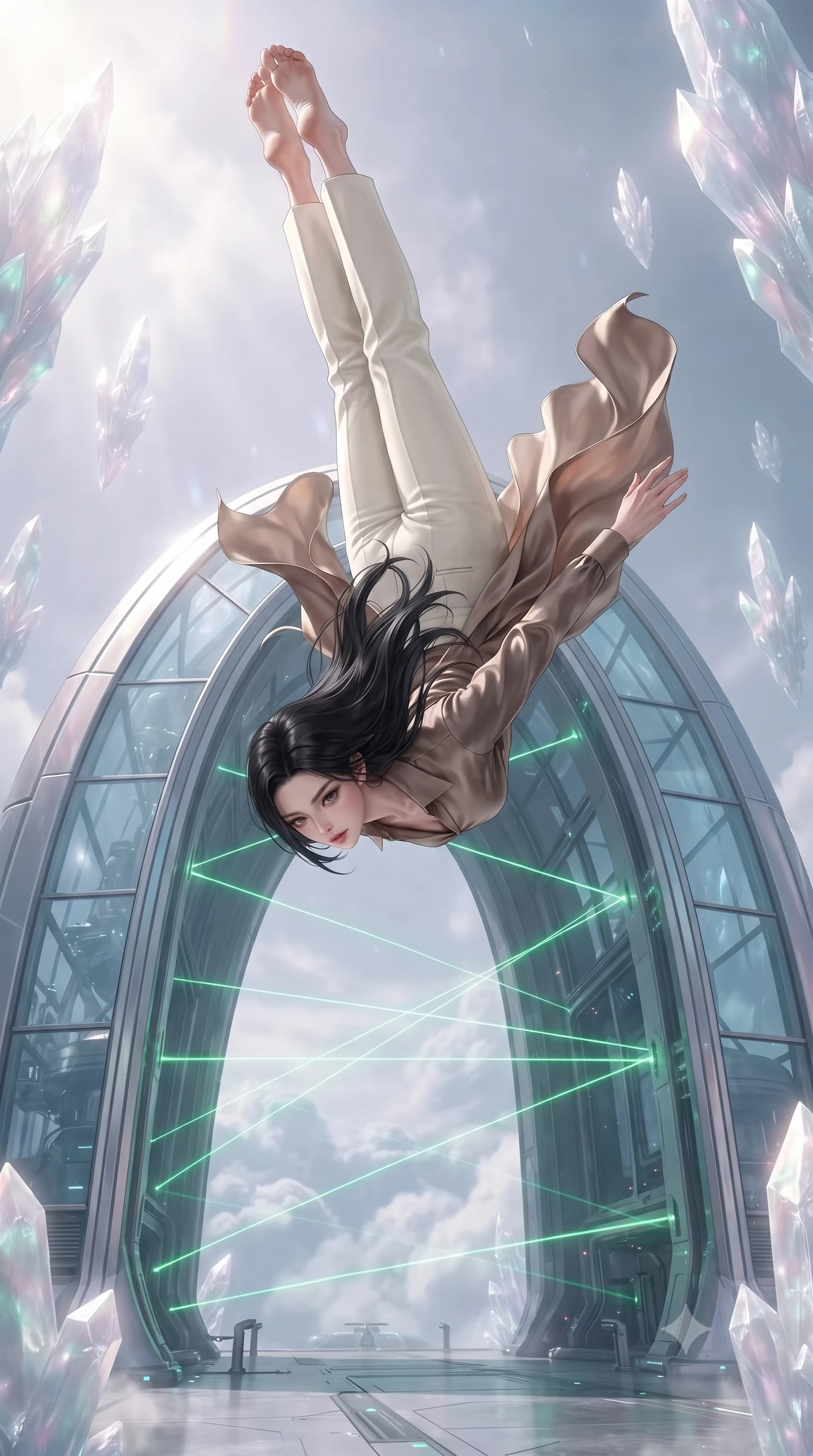 score_9, masterpiece, best quality, ultra-detailed, high-budget anime keyframe, editorial fashion photography, tasteful artistic composition, realistic cosplay photography, Korean woman. low angle full-body shot from head to toe showing her feet, filling the entire 9:16 vertical frame with her statuesque presence, stretching her vertical silhouette. leaping off a launching drop-ship, diving headfirst toward the cloud tops of an alien world through the entrance of a high-security complex, a large glass arch scanning visitors with shifting green laser sweeps. She has a statuesque 8.5-heads proportion, an exceptionally tall, slender and willowy model-like build with impossibly long legs and a highly sculpted ultra-slim waist. sharp v-shaped jawline, high-bridge nose, intricate jewel-like eyes with depth, thick eyelashes, glossy lips with a natural sheen. wearing the lightweight fabric rippling and billowing dramatically with her movement, a slim-fit wrap-style silk blouse in a warm mocha shade, tucked into high-waisted ivory linen trousers. ethereal pearlescent light emanating from floating crystalline formations all around. ultra-reflective glossy finish, specular highlights, metallic sheen, high-contrast stereoscopic depth, volumetric dynamic lighting, 2k, ultra detail, master piece, 9:16 ratio