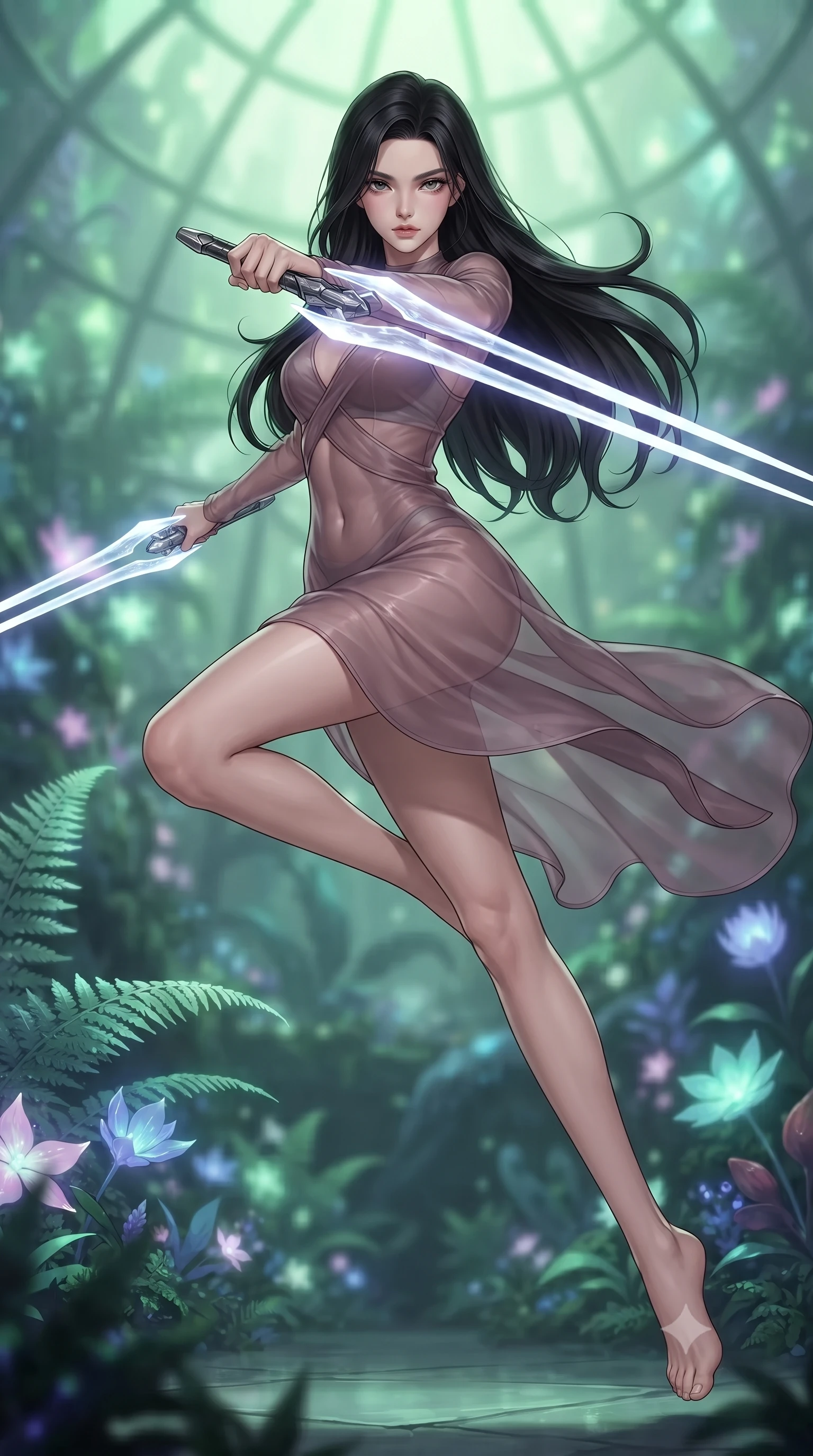 score_9, masterpiece, best quality, ultra-detailed, high-budget anime keyframe, editorial fashion photography, tasteful artistic composition, Korean woman. low angle full-body shot from head to toe showing her feet, filling the entire 9:16 vertical frame with her statuesque presence, stretching her vertical silhouette. leaping forward while slashing with a twin-bladed plasma sword in mid-air, her body-contouring suit showing her athletic silhouette, the background shows a soft-focus a citadel garden dome filled with bio-engineered ferns and flowers. She has an absolutely perfect, statuesque 8.5-heads proportion, an exceptionally tall and slender model-like female figure with impossibly long slender legs and an ultra-slim waist. sharp v-shaped jawline, high-bridge nose, intricate jewel-like eyes with depth, thick eyelashes, glossy lips with a natural sheen. wearing a slim-fit sheer organza dress in dusty mauve, showing her slender torso and willowy silhouette. soft green and indigo bioluminescent plant lighting casting a serene wash. ultra-reflective glossy finish, specular highlights, metallic sheen, high-contrast stereoscopic depth, volumetric dynamic lighting, 2k, ultra detail, master piece, 9:16 ratio