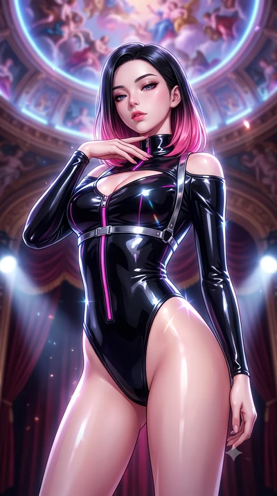 score_9, masterpiece, best quality, ultra-detailed, high-budget anime keyframe, semi-realistic 3D game render, editorial fashion photography, tasteful artistic composition, Korean woman. close-up cowboy shot from the waist and thighs up, the characte