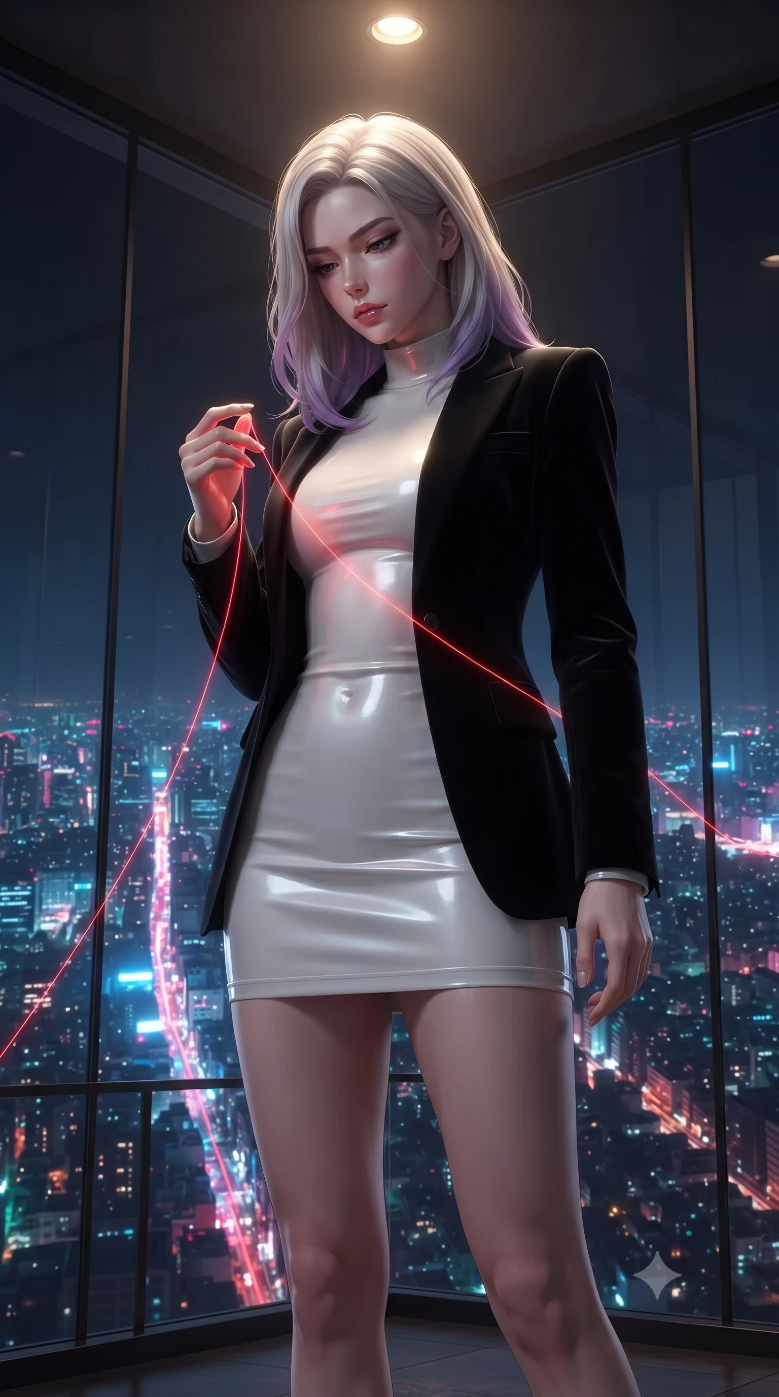 score_9, masterpiece, best quality, ultra-detailed, High-budget Anime Keyframe, editorial fashion photography, tasteful artistic composition, realistic cosplay photography, Caucasian woman, strictly human ears. Low angle cowboy shot filling the entire 9:16 frame with her statuesque presence. Scenario 523: tracing a glowing red thread of fate with her fingers in a luxury penthouse with floor-to-ceiling glass walls overlooking a neon grid. Her presence is magnetic and overpowering in this high-budget cinematic scene. Outfit 523: a form-contouring pearl white matte vinyl mini dress layered under a structured velvet blazer. The clothing is designed to emphasize her exceptionally tall and slender 8-heads proportion. 8-heads proportion, towering silhouette, ultra-slim waist. sharp v-shaped jawline, intricate jewel-like eyes with depth, thick eyelashes, glossy lips. ultra-reflective glossy finish, specular highlights, metallic sheen, high-contrast stereoscopic depth, volumetric dynamic lighting, 2k, ultra detail, master piece, 9:16 ratio