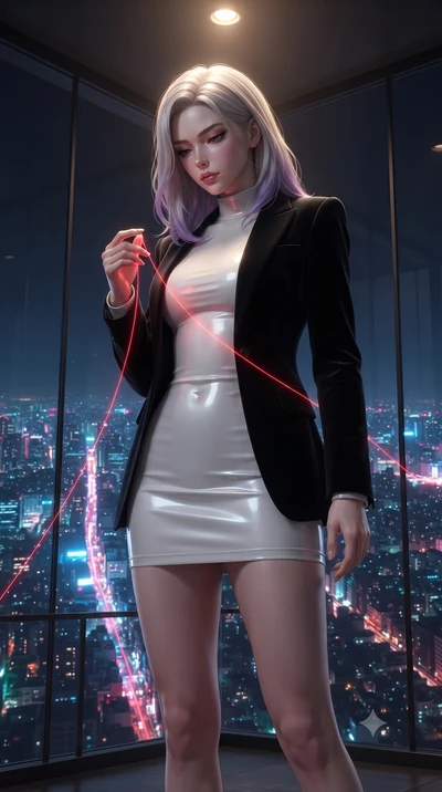 score_9, masterpiece, best quality, ultra-detailed, High-budget Anime Keyframe, editorial fashion photography, tasteful artistic composition, realistic cosplay photography, Caucasian woman, strictly human ears. Low angle cowboy shot filling the entir