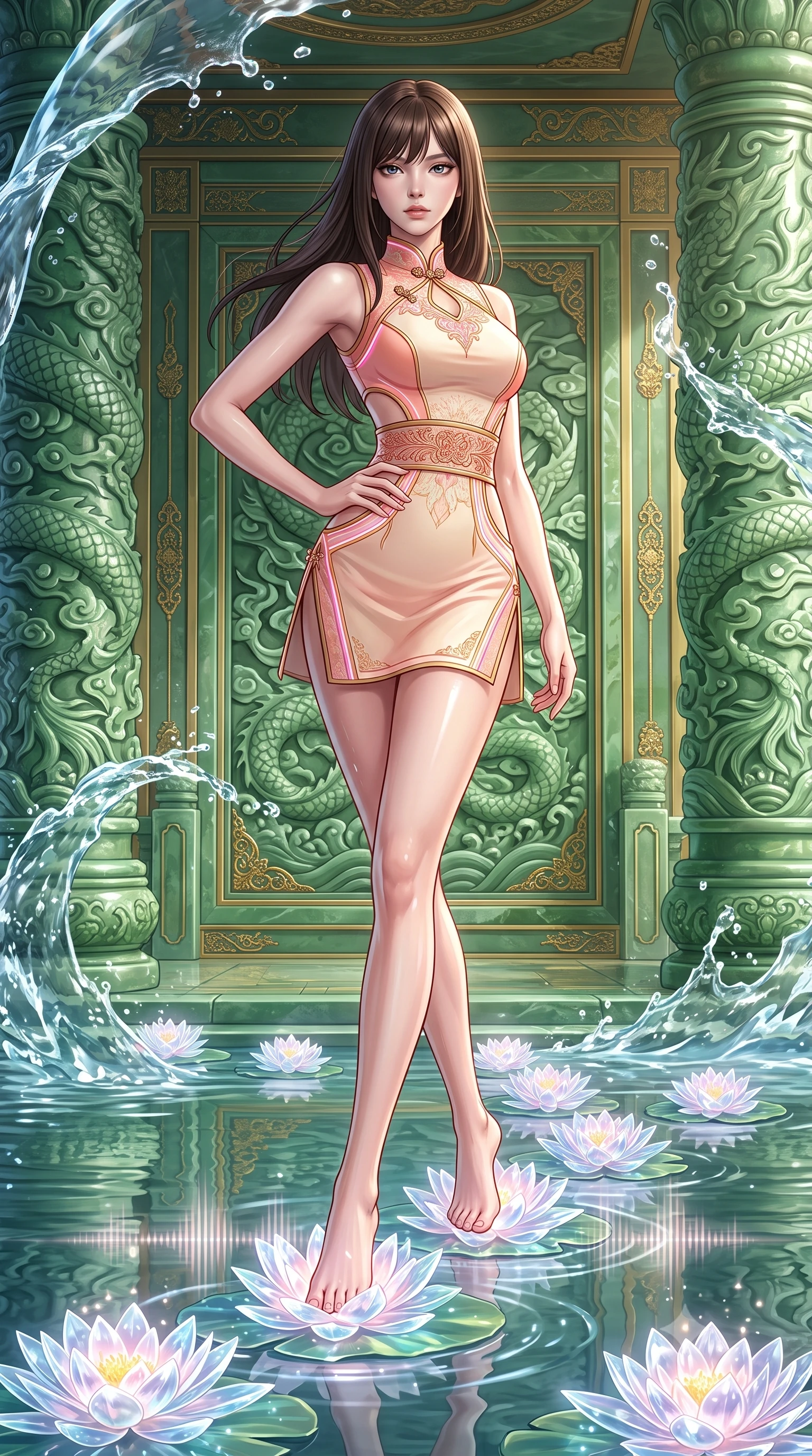 score_9, masterpiece, best quality, ultra-detailed, high-budget anime keyframe, semi-realistic 3D game render, editorial fashion photography, tasteful artistic composition, Korean woman. low angle full-body shot from head to toe showing her feet, filling the entire 9:16 vertical frame with her statuesque presence, stretching her vertical silhouette. standing poised with one hip cocked in an alluring high-fashion pose, her tall 8.5-heads proportions dominating the scene while stepping lightly across floating crystal water lilies that chime with soft musical tones under her feet. The surrounding environment is rendered in vivid detail and crisp panoramic clarity. sharp carved jade dragon scale textures, crystalline water splash crests, and gold palace inlay in deep focus. She has an absolutely perfect, statuesque 8.5-heads proportion, an exceptionally tall and slender model-like female figure with impossibly long slender legs, a toned flat midriff, and an ultra-slim waist. sharp v-shaped jawline, high-bridge nose, intricate jewel-like eyes with depth, thick eyelashes, glossy lips with a natural sheen, captivating and magnetic expression, flawlessly proportioned anatomical accuracy, strict slender model proportions, natural body alignment, perfectly sculpted long slender limbs, ultra-slim waistline, clean dynamic posture without body distortion. wearing a futuristic embroidered qipao mini dress with glowing fiber-optic seams and side cutouts in soft peach blossom pink and warm ivory, tailored from crisp ceremonial cotton and multi-layered translucent chiffon, finished with a wide embroidered waist band emphasizing her slender midriff, the glove-like aerodynamic second-skin fit tightly clinging to her ultra-slender waist and athletic curves without adding bulk, accentuating her razor-sharp statuesque lines and slim hourglass silhouette. illuminated by wet reflective highlights defining her sculpted neck, waistline, and slender legs. highly saturated vibrant anime colors, detailed shading with soft gradients, rich glossy textures, high-contrast stereoscopic depth, volumetric dynamic lighting, master piece, 9:16 ratio