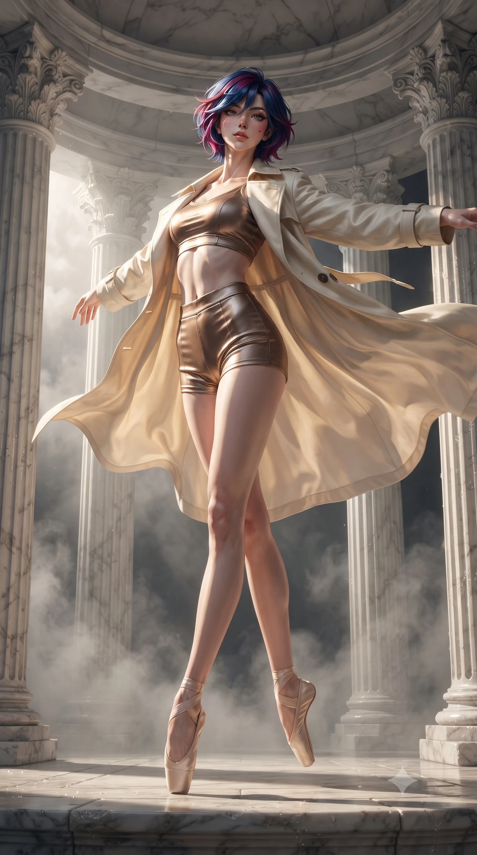 score_9, masterpiece, best quality, ultra-detailed, high-budget anime keyframe, editorial fashion photography, tasteful artistic composition, Korean woman. low angle full-body shot from head to toe showing her feet, filling the entire 9:16 vertical frame with her statuesque presence, stretching her vertical silhouette. pirouetting mid-air inside an ancient white marble amphitheater at the first golden light of dawn with morning mist swirling between fluted Corinthian columns and dew glistening on every carved stone surface. She has a statuesque 8.5-heads proportion, an exceptionally tall, slender and willowy model-like build with impossibly long legs and a highly sculpted ultra-slim waist. sharp v-shaped jawline, high-bridge nose, intricate jewel-like eyes with depth, thick eyelashes, glossy lips with a natural sheen. wearing a metallic bronze crop top paired with high-waisted matching micro-shorts, under a flowing cream trench coat. dramatic chiaroscuro with a single golden key light sculpting her silhouette. 2k, ultra detail, master piece, 9:16 ratio