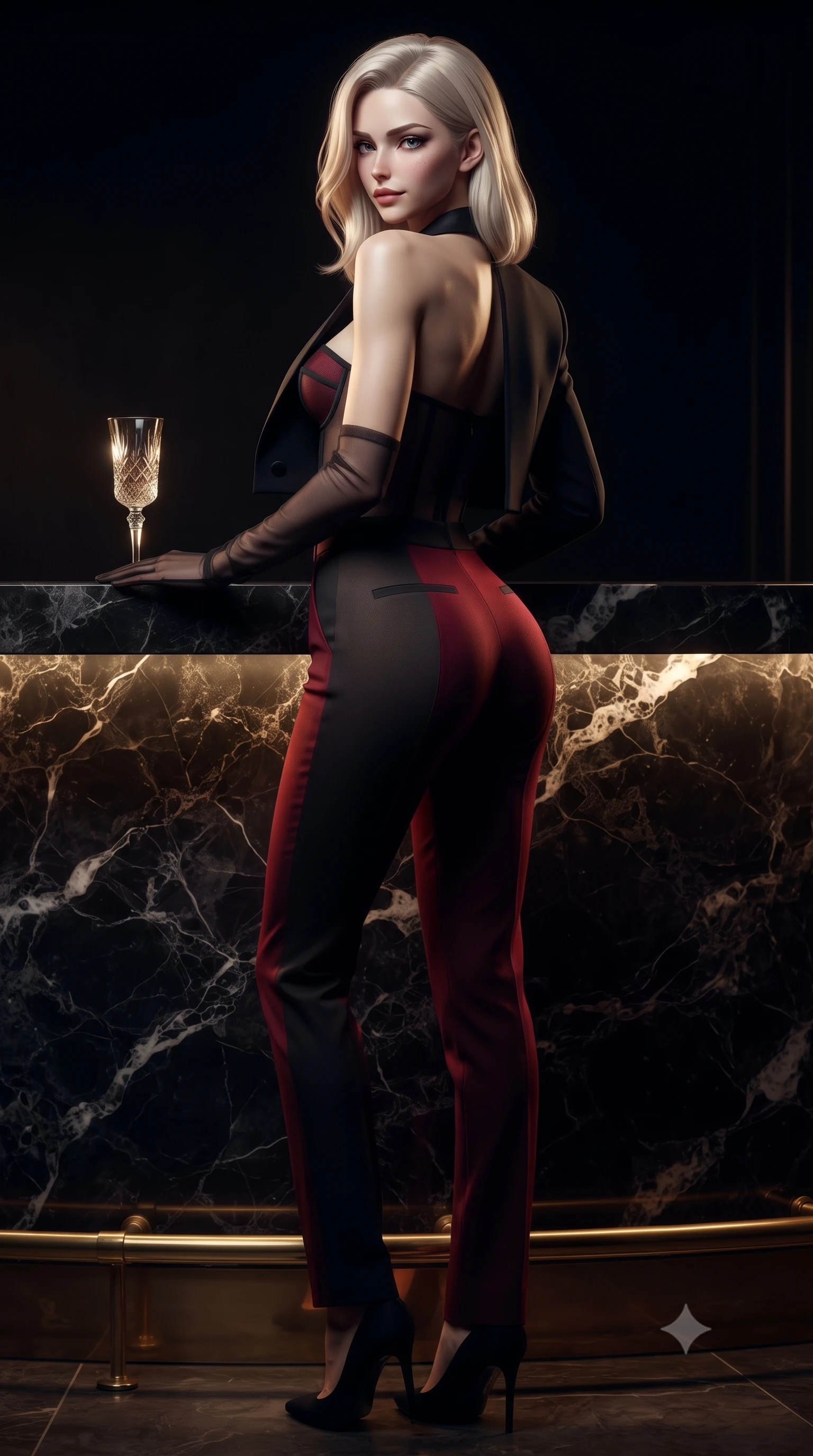 score_9, masterpiece, best quality, ultra-detailed, high-budget anime keyframe, editorial fashion photography, tasteful artistic composition, Caucasian woman. low angle full-body shot from head to toe showing her feet, filling the entire 9:16 vertical frame with her statuesque presence, stretching her vertical silhouette. posing with back turned slightly to the lens, glancing back with an intoxicating, dangerous smile as she arches her lower back to emphasize her sculpted feminine hips and slender waist while standing poised against the backlit obsidian marble bar counter with hips cocked back, casting an intoxicating bedroom-gaze over a bare shoulder toward the camera. The surrounding environment is rendered in vivid detail and crisp panoramic clarity. sharp cut-crystal champagne glass facets, vein-rich obsidian marble counter textures, and brass footrest reflections in deep focus. She has an exceptionally tall and slender model-like 8.5-heads proportion, an ultra-slim waist, a flat toned midriff, narrow delicate ribcage, and beautifully sculpted feminine hips creating a graceful, slim hourglass silhouette without any bulky heaviness, with impossibly long slender legs. sharp v-shaped jawline, high-bridge nose, intricate jewel-like dark sparkling eyes with dangerous depth, thick curled eyelashes, glossy parted lips with a rich wine sheen, smoldering seductive half-smile with bedroom-eyes, exuding effortless superiority and intoxicating dark allure, flawlessly proportioned anatomical accuracy, strict slender model proportions, natural body alignment, perfectly sculpted long slender limbs, ultra-slim waistline, clean dynamic posture without body distortion. wearing a tailored cropped midnight-black tuxedo blazer worn over a structured bustier top and high-waisted cigarette trousers in ruby crimson and muted shadow black, made of semi-opaque dark contouring mesh clinging like a second skin, complemented by sheer dark opera gloves reaching past her elbows, the form-fitting cut adhering flawlessly to her sculpted flat midriff and slender torso, emphasizing her long leg lines and perfectly proportioned willowy build. illuminated by dramatic chiaroscuro key lighting and sharp champagne rim light tracing her razor-sharp jawline, ultra-slim waist, and curvy hips. ultra-reflective glossy finish, specular highlights, rich textural contrasts, high-contrast stereoscopic depth, volumetric dynamic lighting, 2k, ultra detail, master piece, 9:16 ratio