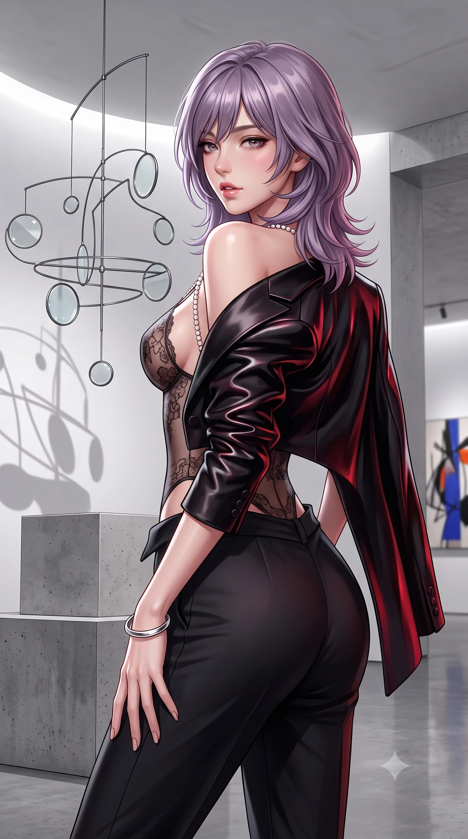 score_9, masterpiece, best quality, ultra-detailed, high-budget anime keyframe, semi-realistic 3D game render, editorial fashion photography, tasteful artistic composition, Japanese woman. close-up cowboy shot from the waist and thighs up, the character dominates the composition, filling the frame with her large presence. posing in an alluring rear three-quarter angle, looking over a bare shoulder with parted glossy lips, her hips cocked back to highlight her slim hourglass curve while twisting her slender torso in an alluring S-curve, shadows of the floating kinetic mobile tracing her narrow waist and rounded hips. The surrounding environment is rendered in vivid detail and crisp panoramic clarity: detailed liquid jersey column dress drape, silver bangle shine, and modernist museum geometry in high resolution. She has an exceptionally elegant, slender, and willowy female figure with an ultra-slim waist, flat toned midriff, narrow ribcage, and sculpted feminine hips creating an alluring, slim hourglass silhouette without bulk. sharp v-shaped jawline, high-bridge nose, sparkling eyes with hypnotic seductive depth, thick curled eyelashes, glossy parted lips with a natural dewy peach sheen, alluring bedroom-eyes with an enchanting coquettish smile, exuding magnetic siren charisma and sophisticated glamour, flawlessly proportioned anatomical accuracy, strict slender model proportions, natural body alignment, perfectly sculpted long slender limbs, ultra-slim waistline, clean dynamic posture without body distortion. wearing a delicate sheer floral lace teddy layered under an open tailored black tuxedo blazer draped over bare shoulders in wet-look onyx black with crimson specular reflections, woven from buttery-soft stretch lambskin leather adhering to her body like a second skin, accented with a pearl-drop body harness subtly framing her dewy collarbones and spine, the second-skin tailored fabric adhering flawlessly to her sculpted flat midriff and slender torso, emphasizing her long leg lines and perfectly proportioned willowy build. illuminated by curved white wall bounce and sharp platinum-white rim lights defining her delicate clavicles, ultra-slim waist, and curvy hips. highly saturated vibrant anime colors, detailed shading with soft gradients, rich glossy textures, high-contrast stereoscopic depth, volumetric dynamic lighting, master piece, 9:16 ratio