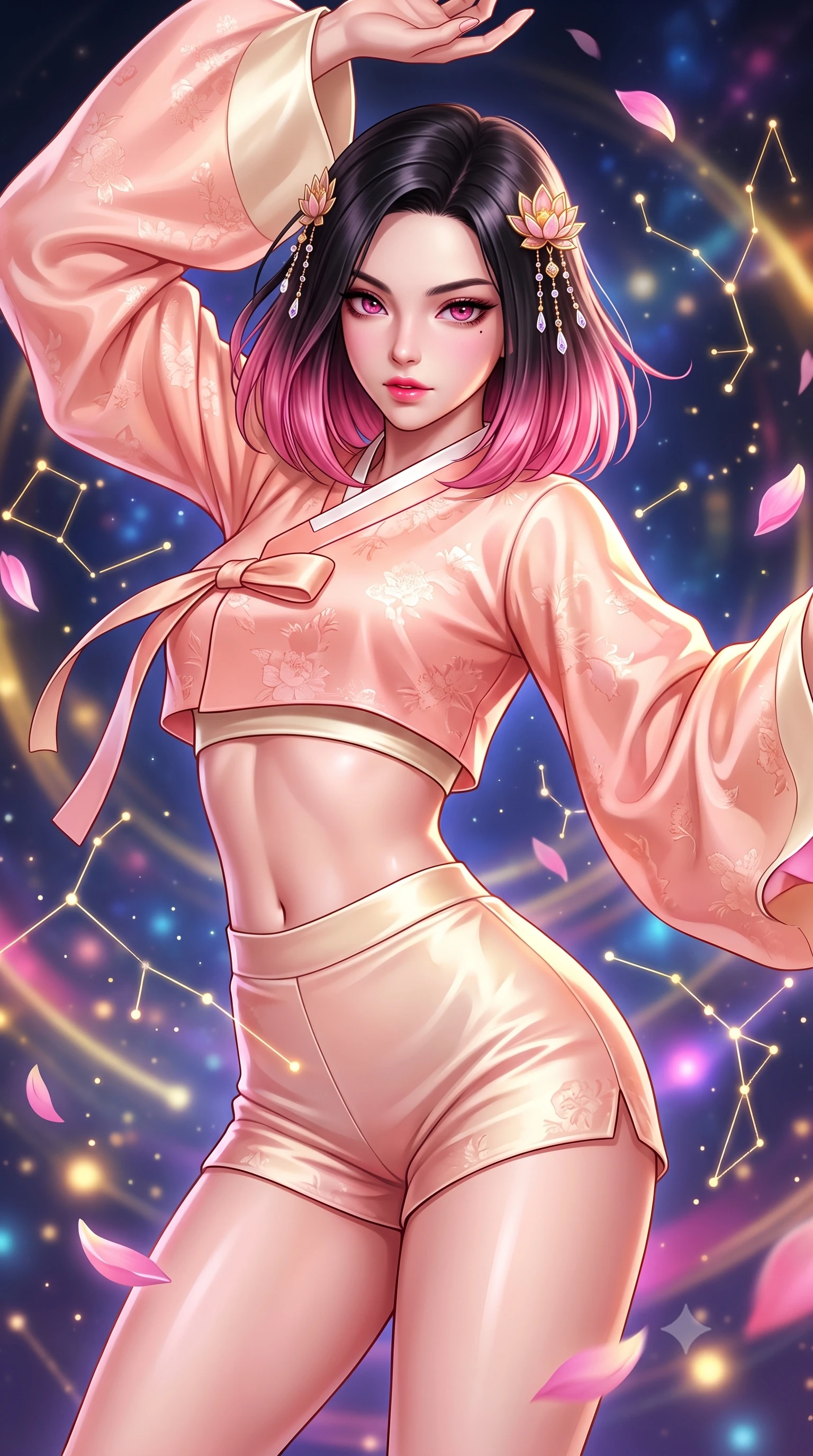 score_9, masterpiece, best quality, ultra-detailed, high-budget anime keyframe, semi-realistic 3D game render, editorial fashion photography, tasteful artistic composition, Korean woman. close-up cowboy shot from the waist and thighs up, the character dominates the composition, filling the frame with her large presence. radiating intense magnetic charisma with jewel-like eyes locked onto the viewer, her upper body turning in a dynamic, fluid S-curve while pivoting dynamically in mid-air with an athletic yet alluring arch of her spine, weaving through floating golden constellations. The composition keeps background elements in soft focus with creamy bokeh. floating holographic constellations and drifting pink lotus petals blurred into celestial indigo, gold, and magenta bokeh. She has an exceptionally elegant, slender, and willowy female figure with an ultra-slim waist, a gracefully sculpted slender torso, toned flat midriff, and a refined slim silhouette. sharp v-shaped jawline, high-bridge nose, intricate jewel-like eyes with depth, thick eyelashes, glossy lips with a natural sheen, captivating and magnetic expression, flawlessly proportioned anatomical accuracy, strict slender model proportions, natural body alignment, perfectly sculpted long slender limbs, ultra-slim waistline, clean dynamic posture without body distortion. wearing a modern shortened cyber-hanbok crop top with wide billowing sleeves and high-waist silk shorts in soft peach blossom pink and warm ivory, made of liquid-smooth silk satin with subtle floral jacquard, finished with delicate golden lotus hairpins and dangling crystal beads, the liquid-tight tailored fabric emphasizing every curve of her tall, slender model proportions and sculptured silhouette during dynamic movement. illuminated by crisp specular highlights tracing her ultra-slim waist, toned midriff, and long slender limbs. highly saturated vibrant anime colors, detailed shading with soft gradients, rich glossy textures, high-contrast stereoscopic depth, volumetric dynamic lighting, master piece, 9:16 ratio