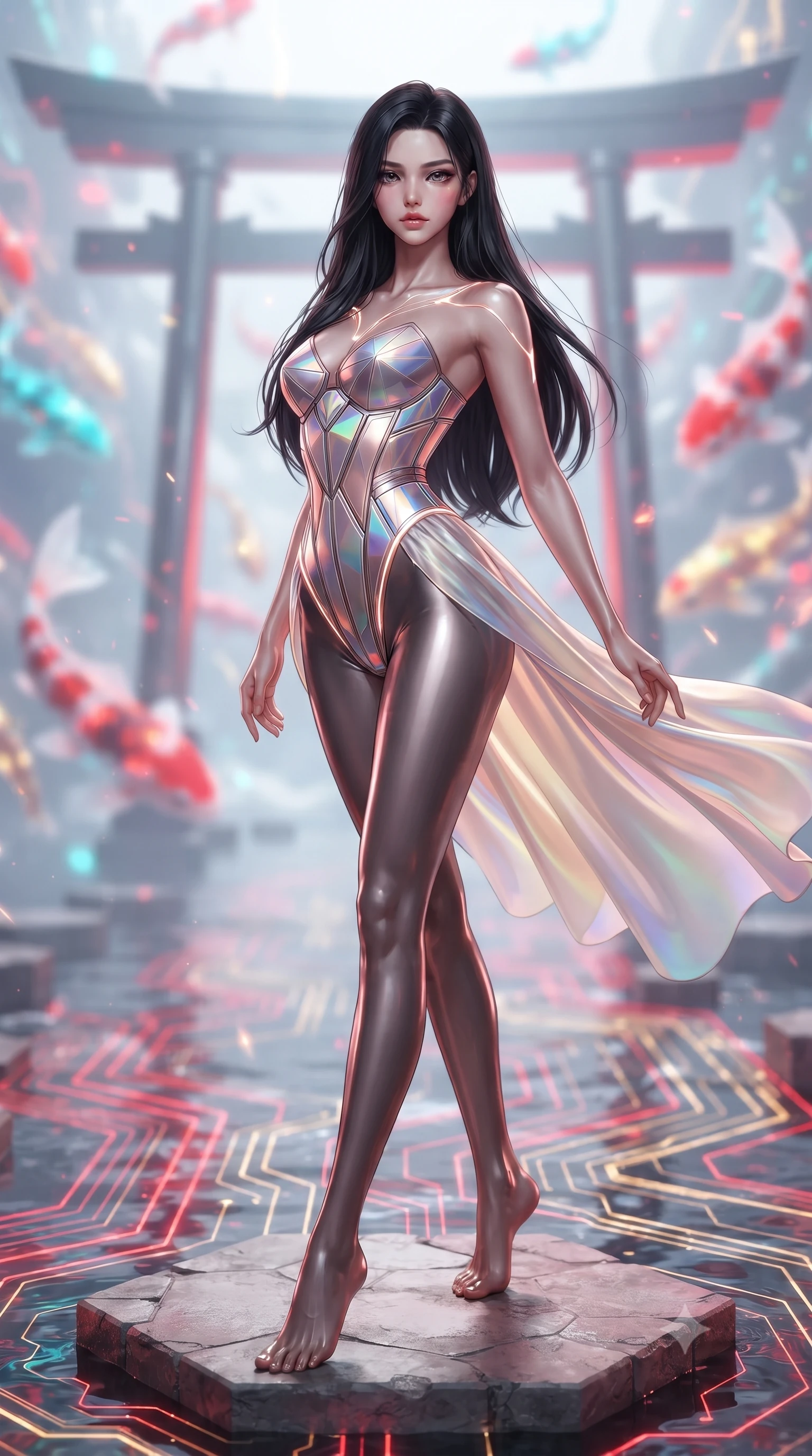 score_9, masterpiece, best quality, ultra-detailed, high-budget anime keyframe, editorial fashion photography, tasteful artistic composition, Korean woman. low angle full-body shot from head to toe showing her feet, filling the entire 9:16 vertical frame with her statuesque presence, stretching her vertical silhouette. arching her spine in a fluid zero-gravity turn with sovereign grace, her long slender legs and sculpted torso creating a sweeping line while pivoting dynamically on a floating hexagonal stone platform as glowing red and gold circuit lines ripple through the water. The composition keeps background elements in soft focus with creamy bokeh. floating chrome torii gates and swimming holographic koi blurred into vibrant scarlet, cyan, and gold bokeh. She has an absolutely perfect, statuesque 8.5-heads proportion, an exceptionally tall and slender model-like female figure with impossibly long slender legs, a toned flat midriff, and an ultra-slim waist. sharp v-shaped jawline, high-bridge nose, intricate jewel-like eyes with depth, thick eyelashes, glossy lips with a natural sheen, flawlessly proportioned anatomical accuracy, strict slender model proportions, natural body alignment, perfectly sculpted long slender limbs, ultra-slim waistline, clean dynamic posture without body distortion. wearing a precision-tailored holographic cyber-corset with geometric iridescent plating and an ultra-slim waist-cinching silhouette in sculpted rose gold and luminescent champagne ivory, made of smooth flowing silk chiffon that shifts colors with movement, accented with glowing fiber-optic seams tracing her collarbones and hip curves, the glove-like aerodynamic second-skin fit tightly clinging to her ultra-slender waist and athletic curves without adding bulk, accentuating her razor-sharp statuesque lines and slim hourglass silhouette. illuminated by crisp specular highlights tracing her sculpted flat midriff, waist, and long slender legs. ultra-reflective glossy finish, specular highlights, dark metallic sheen, high-contrast stereoscopic depth, volumetric dynamic lighting, 2k, ultra detail, master piece, 9:16 ratio