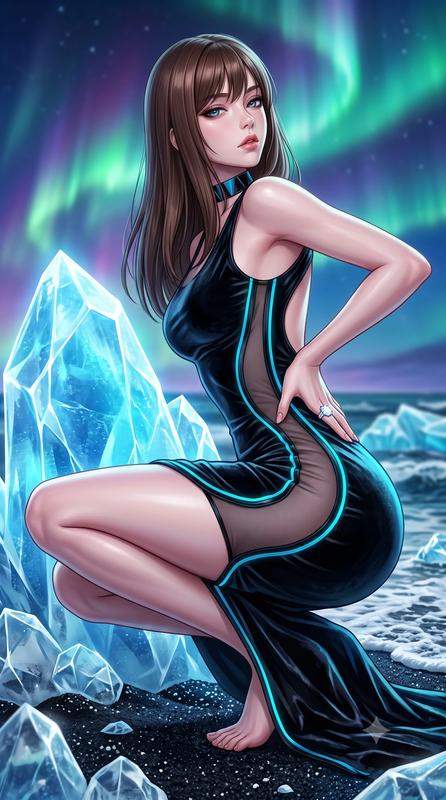 score_9, masterpiece, best quality, ultra-detailed, high-budget anime keyframe, semi-realistic 3D game render, editorial fashion photography, tasteful artistic composition, Korean woman. close-up cowboy shot from the waist and thighs up, the character dominates the composition, filling the frame with her large presence. tilting her chin up with proud, sovereign allure while gazing through thick eyelashes, one hand resting on her waist in pure supermodel charisma while crouching low beside a glowing blue ice crystal, glancing back with smoldering bedroom-eyes as the polar aurora dances overhead. The surrounding environment is rendered in vivid detail and crisp panoramic clarity. sharp transparent glacial ice facets, jet-black volcanic sand grains, and sea foam texture in deep focus. She has an exceptionally elegant, slender, and willowy female figure with an ultra-slim waist, flat toned midriff, narrow ribcage, and sculpted feminine hips creating an alluring, slim hourglass silhouette without bulk. sharp v-shaped jawline, high-bridge nose, intricate jewel-like eyes with depth, thick eyelashes, glossy parted lips with a natural sheen, intensely captivating and seductive bedroom-eyes expression, flawlessly proportioned anatomical accuracy, strict slender model proportions, natural body alignment, perfectly sculpted long slender limbs, ultra-slim waistline, clean dynamic posture without body distortion. wearing a second-skin black silk jersey maxi dress with asymmetrical sheer mesh side panels tracing the full curve of her hip in neon electric cyan and lacquer black, crafted from heavyweight crushed silk velvet with liquid vintage luster, complemented by a bold geometric choker and sparkling cocktail ring, the precision-cut side openings and low-back scoop framing her graceful spine and the sensual sweep of her slim, toned hips. illuminated by crisp ice crystal specular highlights sharply carving her razor-sharp jawline, narrow waist, and curvy hips. highly saturated vibrant anime colors, detailed shading with soft gradients, rich glossy textures, high-contrast stereoscopic depth, volumetric dynamic lighting, master piece, 9:16 ratio
