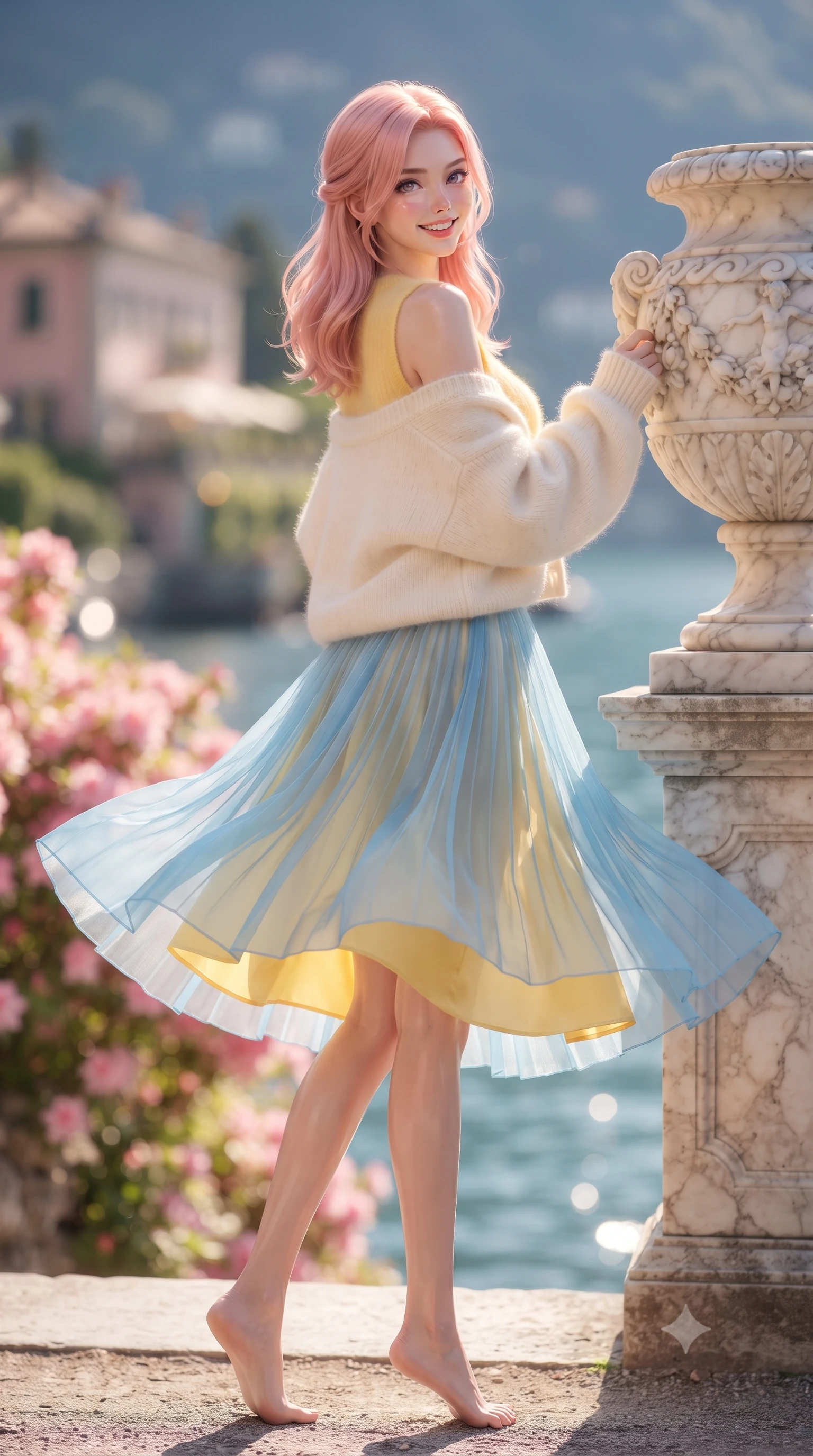 score_9, masterpiece, best quality, ultra-detailed, high-budget anime keyframe, editorial fashion photography, tasteful artistic composition, Japanese woman. low angle full-body shot from head to toe showing her feet, filling the entire 9:16 vertical frame with her statuesque presence, stretching her vertical silhouette. executing a cheerful mid-motion pivot turn as her skirt flutters around her slender legs, glancing over her shoulder with an intoxicating, teasing cute expression while leaning against an ancient carved marble urn with hips cocked back, looking over a bare shoulder with an aristocratic, teasing cute smile. The composition keeps background elements in soft focus with dreamy creamy bokeh. blooming pink azalea terraces, crystal-clear blue alpine lake, and Bellagio villas blurred into blush pink, sapphire, and golden bokeh. She has an exceptionally tall and slender model-like 8.5-heads proportion, an ultra-slim waist, a flat toned midriff, narrow delicate ribcage, and beautifully sculpted feminine hips creating a graceful, slim hourglass silhouette without any bulky heaviness, with impossibly long slender legs. sharp v-shaped jawline, high-bridge nose, intricate jewel-like sparkling eyes with depth, thick eyelashes, glossy parted lips with a natural peach sheen, bright cheerful beaming smile with an enchanting and coquettish sensual glint, exuding both youthful cute charm and seductive allure, flawlessly proportioned anatomical accuracy, strict slender model proportions, natural body alignment, perfectly sculpted long slender limbs, ultra-slim waistline, clean dynamic posture without body distortion. wearing a soft angora crop knit sweater with a sheer pleated organza mini skirt over an opaque silk slip in sunny daffodil yellow and clear sky blue, tailored from fine lightweight chiffon that flutters gently in the breeze, complemented by an oversized soft knit cardigan slipping off one bare shoulder, the liquid-tight tailored fabric clinging flawlessly to her narrow waist and rounded feminine hips, emphasizing every millimeter of her sculpted slim hourglass curves without any bulky heaviness. bathed in breathtaking golden hour afternoon Italian sunlight streaming across the lake. ultra-reflective glossy finish, specular highlights, rich textural contrasts, high-contrast stereoscopic depth, volumetric dynamic lighting, 2k, ultra detail, master piece, 9:16 ratio