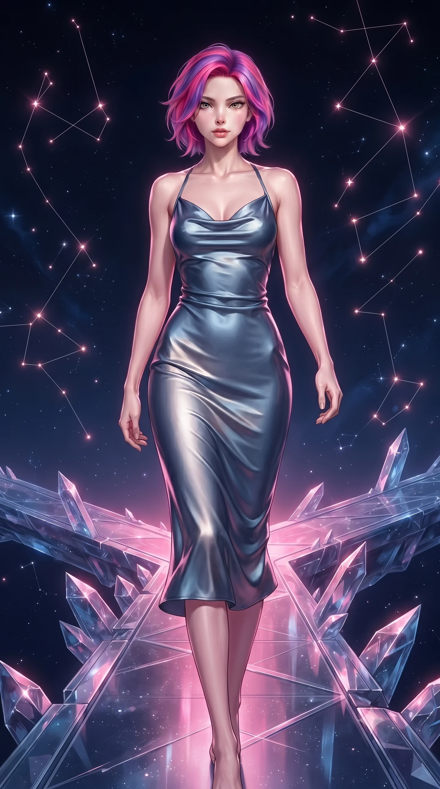 score_9, masterpiece, best quality, ultra-detailed, high-budget anime keyframe, editorial fashion photography, tasteful artistic composition, Caucasian woman. low angle full-body shot from head to toe showing her feet, filling the entire 9:16 vertical frame with her statuesque presence, stretching her vertical silhouette. navigating the luminous space with effortless poise, displaying her perfect model proportions stepping along a crystalline cosmic bridge in deep space, glowing constellation lines tracing intricate patterns nearby. She has an absolutely perfect, statuesque 8.5-heads proportion, an exceptionally tall and slender model-like female figure with impossibly long slender legs and an ultra-slim waist. sharp v-shaped jawline, high-bridge nose, intricate jewel-like eyes with depth, thick eyelashes, glossy lips with a natural sheen. wearing an elegant cowl-neck satin midi dress with a draped neckline in slate blue and metallic silver, crafted from lustrous satin jersey with fluid draping, complemented by criss-cross back straps highlighting her bare shoulders, the tailored fabric tightly following every curve of her athletic build. bathed in radiant cosmic pink and deep navy blue ambient light. ultra-reflective glossy finish, specular highlights, metallic sheen, high-contrast stereoscopic depth, volumetric dynamic lighting, 2k, ultra detail, master piece, 9:16 ratio