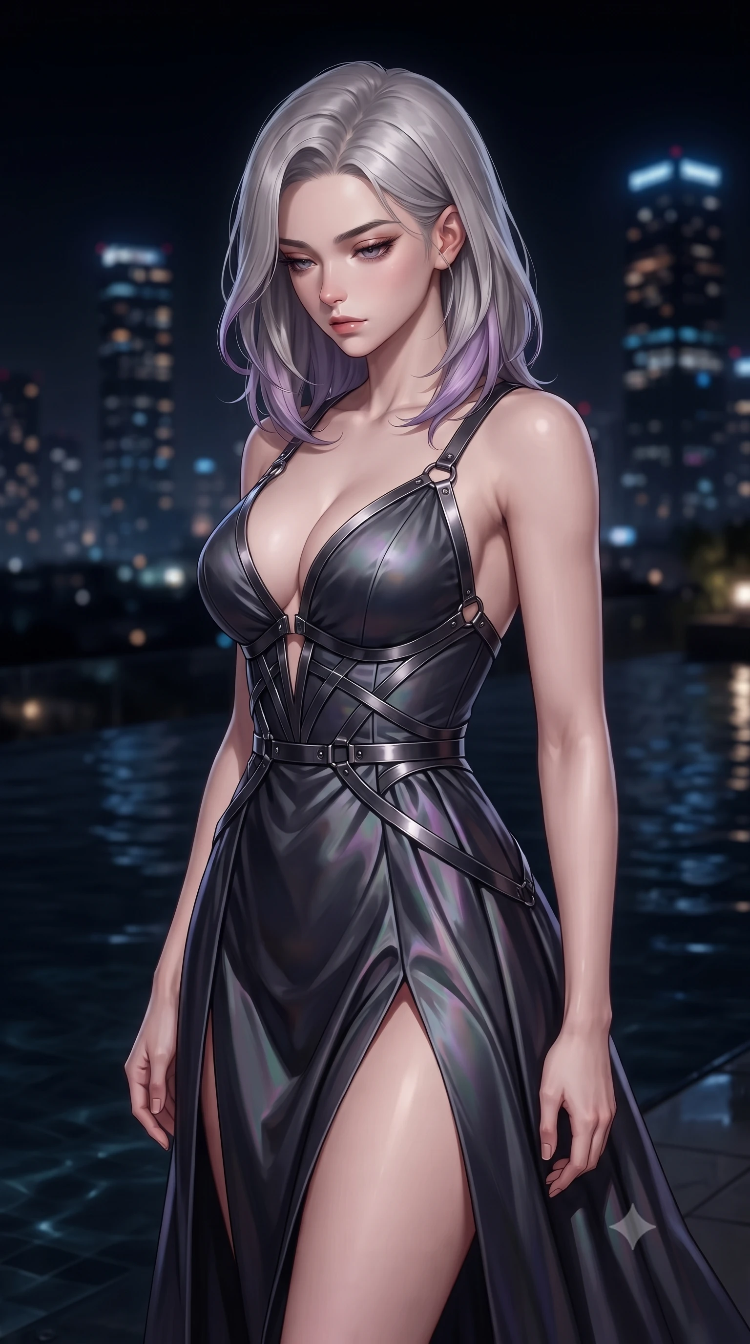 score_9, masterpiece, best quality, ultra-detailed, high-budget anime keyframe, editorial fashion photography, tasteful artistic composition, Caucasian woman. close-up cowboy shot from the waist and thighs up, the character dominates the composition, filling the frame with her large presence, background elements kept in soft focus. Looking down with lowered lashes and a composed, powerful dark aura, standing beside a dark infinity pool reflecting distant night city skyscrapers, distant skyscraper lights forming soft dark amber and blue bokeh in the background. She has an exceptionally elegant, slender, and willowy female figure with an ultra-slim waist, a gracefully sculpted slender torso, and a refined silhouette. sharp v-shaped jawline, high-bridge nose, intricate jewel-like eyes with depth, thick eyelashes, glossy lips with a natural sheen. wearing low-cut gothic structured bodice gown with high leg slit in dark charcoal gray, made of iridescent dark violet taffeta, highlighted by a gunmetal metallic harness structure, sculpting her athletic slender build with refined precision. bathed in wet nocturnal reflections against deep dark pitch-black shadows. highly saturated vibrant anime colors, detailed shading with soft gradients, rich glossy textures, high-contrast stereoscopic depth, volumetric dynamic lighting, master piece, 9:16 ratio