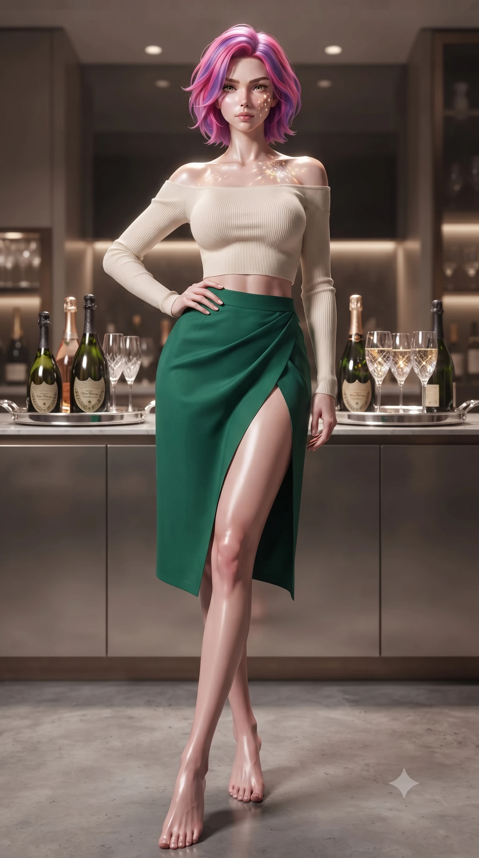 score_9, masterpiece, best quality, ultra-detailed, high-budget anime keyframe, editorial fashion photography, tasteful artistic composition, Caucasian woman. low angle full-body shot from head to toe showing her feet, filling the entire 9:16 vertical frame with her statuesque presence, stretching her vertical silhouette. posing confidently with one hand on her hip, stretching her statuesque body to emphasize her curves the background shows a soft-focus a private box suite pantry with champagne bottles and crystal glasses on a silver tray. She has an absolutely perfect, statuesque 8.5-heads proportion, an exceptionally tall and slender model-like female figure with impossibly long slender legs and an ultra-slim waist. sharp v-shaped jawline, high-bridge nose, intricate jewel-like eyes with depth, thick eyelashes, glossy lips with a natural sheen. wearing a body-hugging cropped off-shoulder knit top in cream paired with a high-slit wrap skirt in emerald green. shimmering light refracting through glass onto her elegant collarbone. ultra-reflective glossy finish, specular highlights, metallic sheen, high-contrast stereoscopic depth, volumetric dynamic lighting, 2k, ultra detail, master piece, 9:16 ratio