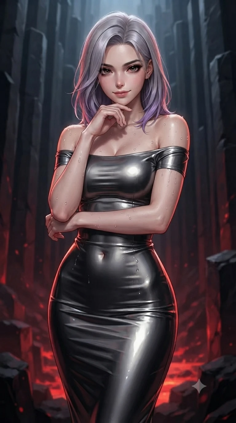 score_9, masterpiece, best quality, ultra-detailed, high-budget anime keyframe, editorial fashion photography, tasteful artistic composition, Caucasian woman. close-up cowboy shot from the waist and thighs up, the character dominates the composition, filling the frame with her large presence. resting her chin on the backs of her fingers with an air of effortless superiority and parted glossy lips while stepping down from column to column with feline poise, her long slender legs and curvy hips commanding the volcanic geometry. The background shows a soft-focus soaring vertical hexagonal basalt columns, dramatic subterranean chasms, and crimson floor light fissures blurred into ruby, charcoal, and black bokeh. She has an exceptionally elegant, slender, and willowy female figure with an ultra-slim waist, flat toned midriff, narrow ribcage, and sculpted feminine hips creating an alluring, slim hourglass silhouette without bulk. sharp v-shaped jawline, high-bridge nose, intricate jewel-like dark sparkling eyes with hypnotic seductive depth, thick curled eyelashes, glossy parted lips with a natural wine sheen, alluring bedroom-eyes with an enigmatic smoldering smile, exuding magnetic sovereign charisma and dark avant-garde glamour, flawlessly proportioned anatomical accuracy, strict slender model proportions, natural body alignment, perfectly sculpted long slender limbs, ultra-slim waistline, clean dynamic posture without body distortion. wearing a form-contouring off-shoulder dark velvet bodycon midi dress with low-back scoop in metallic liquid silver and pitch black, made of liquid dark mercury jersey with seamless sculpting hold and fluid drape, finished with glistening moisture droplets beading across her sculpted shoulders and flat midriff, contouring every curve with an exceptionally elegant silhouette and captivating allure. illuminated by volcanic stone bounce and sharp scarlet-amber rim lights defining her razor-sharp jawline, narrow waist, and curvy hips. ultra-reflective glossy finish, specular highlights, metallic sheen, high-contrast stereoscopic depth, volumetric dynamic lighting, 2k, ultra detail, master piece, 9:16 ratio