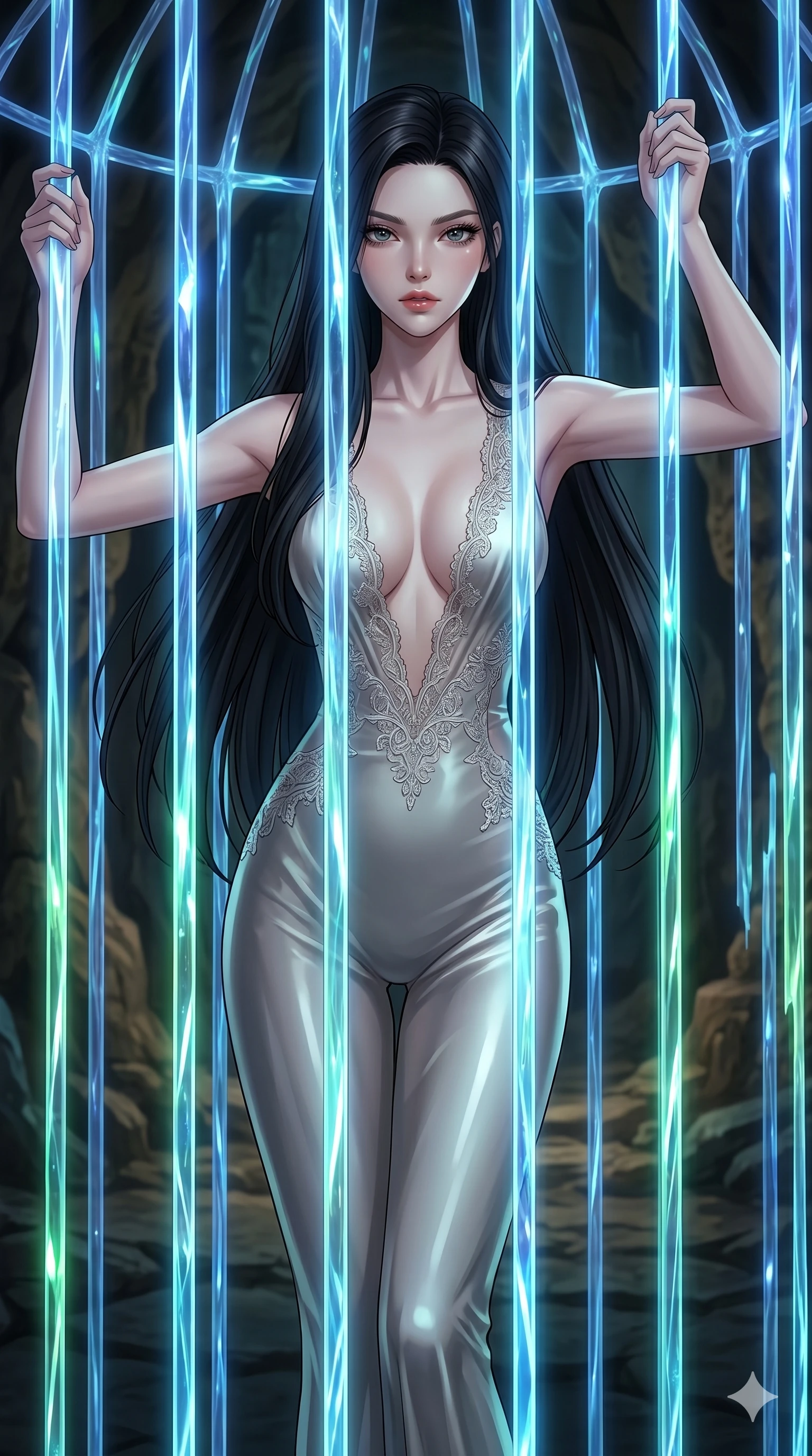 score_9, masterpiece, best quality, ultra-detailed, High-budget Anime Keyframe, East Asian woman. Dynamic full-body shot stretching the vertical silhouette to the limit. Scenario 112: Trapped in a cage of glowing crystalline fibers, body pressing against the bars. Her presence is magnetic and overpowering in this high-budget anime scene. Outfit 112: A molten liquid silk second with a plunging V-neckline and delicate lace embroidery. The clothing is designed to emphasize her exceptionally tall and slender 8-heads proportion. 8-heads proportion, towering silhouette, ultra-slim waist. sharp v-shaped jawline, intricate jewel-like eyes with depth, thick eyelashes, glossy lips. 2k, ultra detail, master piece, 9:16 ratio