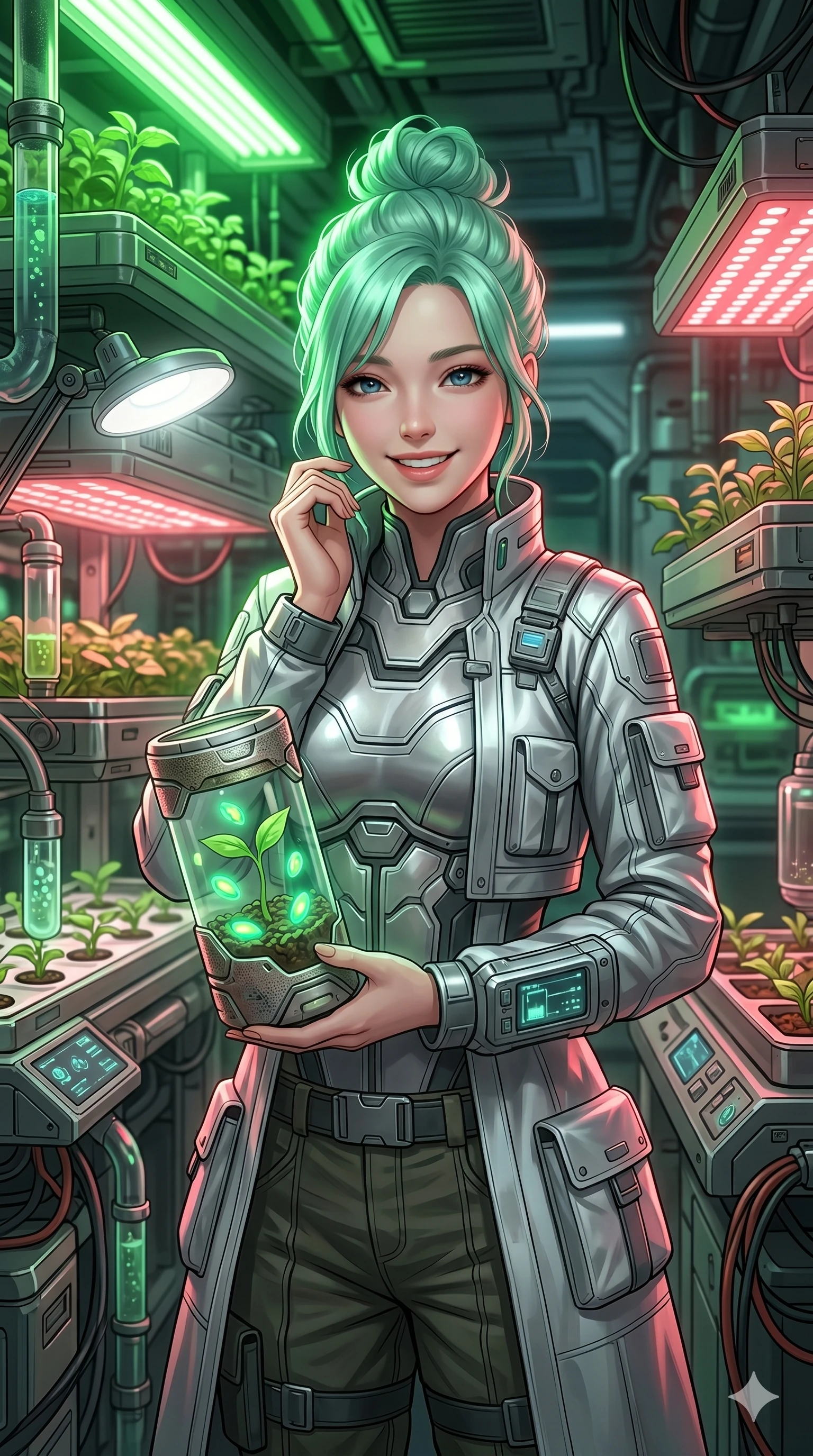 score_9, masterpiece, best quality, ultra-detailed, high-budget anime keyframe, semi-realistic 3D game render, Japanese woman. Upper body close-up from the thighs up, character filling the screen for maximum presence. Inside a space station hydroponics lab, inspecting glowing seeds, holding a small seedling container, looking at the camera with a gentle laugh. She is wearing a cropped lab coat over a structured silver bodice and utility trousers. The scene is lit by intense green growing lights and a soft white key light. 2k, ultra detail, master piece, 9:16 ratio