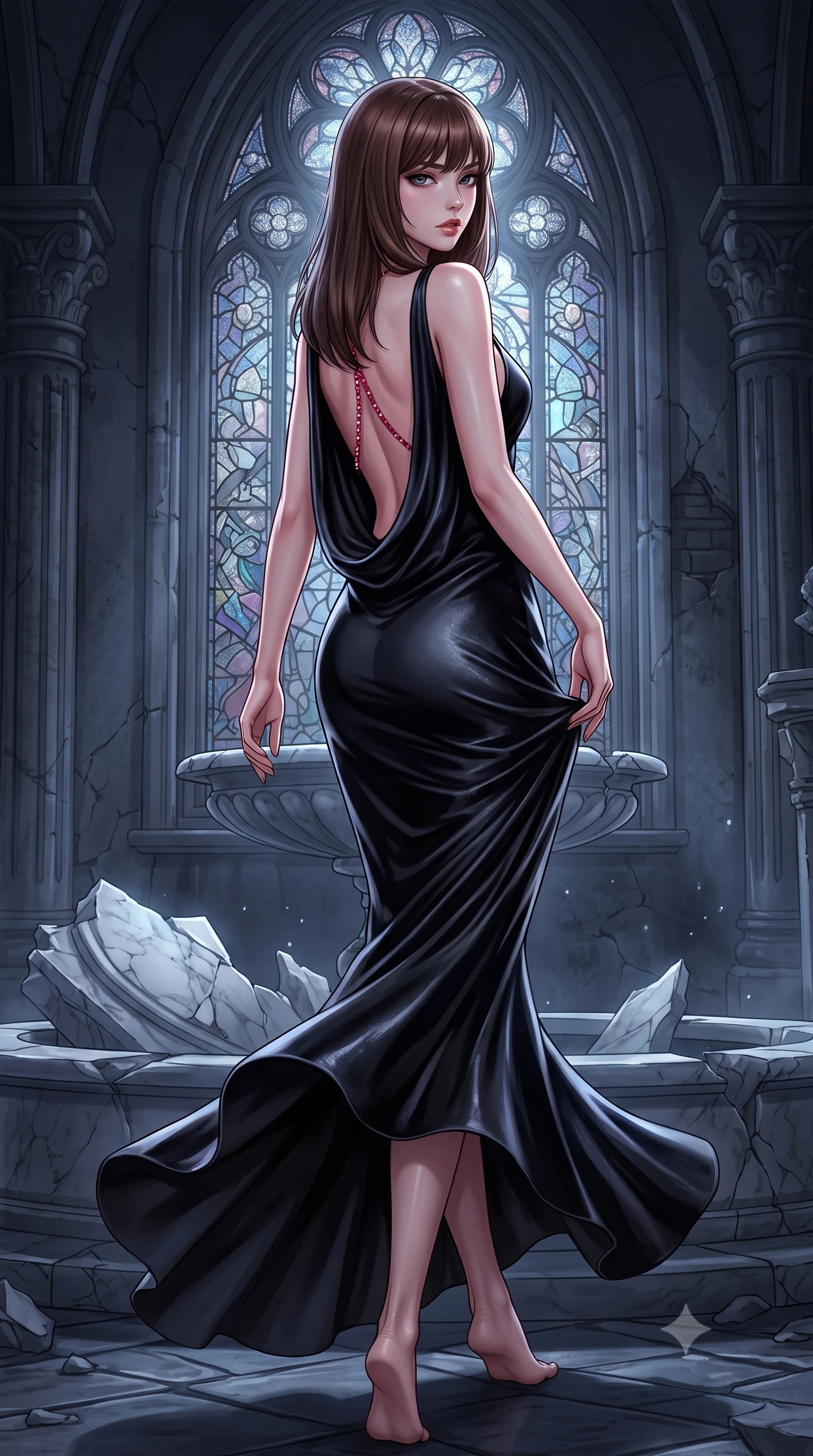 score_9, masterpiece, best quality, ultra-detailed, high-budget anime keyframe, semi-realistic 3D game render, editorial fashion photography, tasteful artistic composition, Korean woman. low angle full-body shot from head to toe showing her feet, filling the entire 9:16 vertical frame with her statuesque presence, stretching her vertical silhouette. executing an elegant mid-motion turn as garments swirl around her slender limbs, glancing over her shoulder with smoldering allure while arching her spine in a fluid, serpentine curve against a shattered marble fountain as silver moonlight filters through stained glass. The surrounding environment is rendered in vivid detail and crisp panoramic clarity. high-contrast gothic romance chiaroscuro and atmospheric Victorian architecture rendered with precision. She has an absolutely perfect, statuesque 8.5-heads proportion, an exceptionally tall and slender model-like female figure with impossibly long slender legs, a toned flat midriff, and an ultra-slim waist. sharp v-shaped jawline, high-bridge nose, intricate jewel-like eyes with depth, thick eyelashes, glossy parted lips with a natural sheen, intensely captivating and seductive expression, flawlessly proportioned anatomical accuracy, strict slender model proportions, natural body alignment, perfectly sculpted long slender limbs, ultra-slim waistline, clean dynamic posture without body distortion. wearing a liquid black silk jersey slip gown descending to the waistline in a deep draped cowl back in high-contrast black velvet and pearl white, crafted from heavyweight crushed silk velvet with liquid luster, accented with a glittering ruby back chain tracing her bare spine, the dramatically scooped open back descending to the base of her spine, accentuating her razor-sharp statuesque lines and slim hourglass silhouette. surrounded by a seductive, aristocratic, and dangerously alluring vampire queen aura. highly saturated vibrant anime colors, detailed shading with soft gradients, rich glossy textures, high-contrast stereoscopic depth, volumetric dynamic lighting, master piece, 9:16 ratio