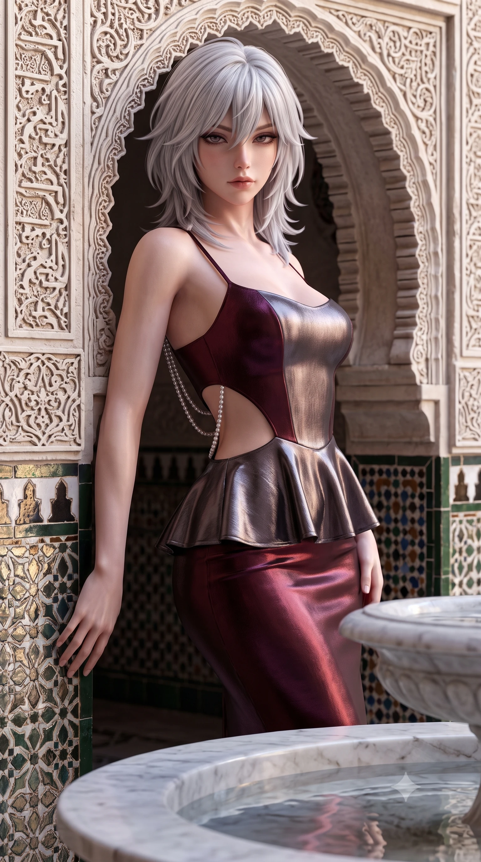 score_9, masterpiece, best quality, ultra-detailed, high-budget anime keyframe, semi-realistic 3D game render, editorial fashion photography, tasteful artistic composition, Japanese woman. close-up cowboy shot from the waist and thighs up, the character dominates the composition, filling the frame with her large presence. leaning back with relaxed seductive grace, her sculpted collarbones and narrow waist highlighted as she casts smoldering bedroom-eyes directly into the camera while leaning against an intricately carved stucco Mudéjar archway with hips cocked back, looking over her shoulder with smoldering bedroom-eyes. The surrounding environment is rendered in vivid detail and crisp panoramic clarity. sharp metallic glaze on Renaissance tilework, intricate plaster arabesques, and marble fountain rim in deep focus. She has an exceptionally elegant, slender, and willowy female figure with an ultra-slim waist, flat toned midriff, narrow ribcage, and sculpted feminine hips creating an alluring, slim hourglass silhouette without bulk. sharp v-shaped jawline, high-bridge nose, intricate jewel-like eyes with depth, thick eyelashes, glossy parted lips with a natural sheen, intensely captivating and seductive bedroom-eyes expression, flawlessly proportioned anatomical accuracy, strict slender model proportions, natural body alignment, perfectly sculpted long slender limbs, ultra-slim waistline, clean dynamic posture without body distortion. wearing a modern peplum corset dress with side-waist diamond cutouts and an ultra-tight silhouette in deep wine burgundy and brushed dark platinum, crafted from luxurious metallic lamé that shifts radiance with every step, accented with a multi-strand pearl back necklace cascading down her bare spine to her hips, the form-contouring material adhering flawlessly to her sculpted flat midriff and slender torso, emphasizing her long leg lines and perfectly proportioned willowy build. illuminated by soft specular fountain reflections sharply defining her sculpted collarbones, ultra-slim waist, and curvy hips. highly saturated vibrant anime colors, detailed shading with soft gradients, rich glossy textures, high-contrast stereoscopic depth, volumetric dynamic lighting, master piece, 9:16 ratio