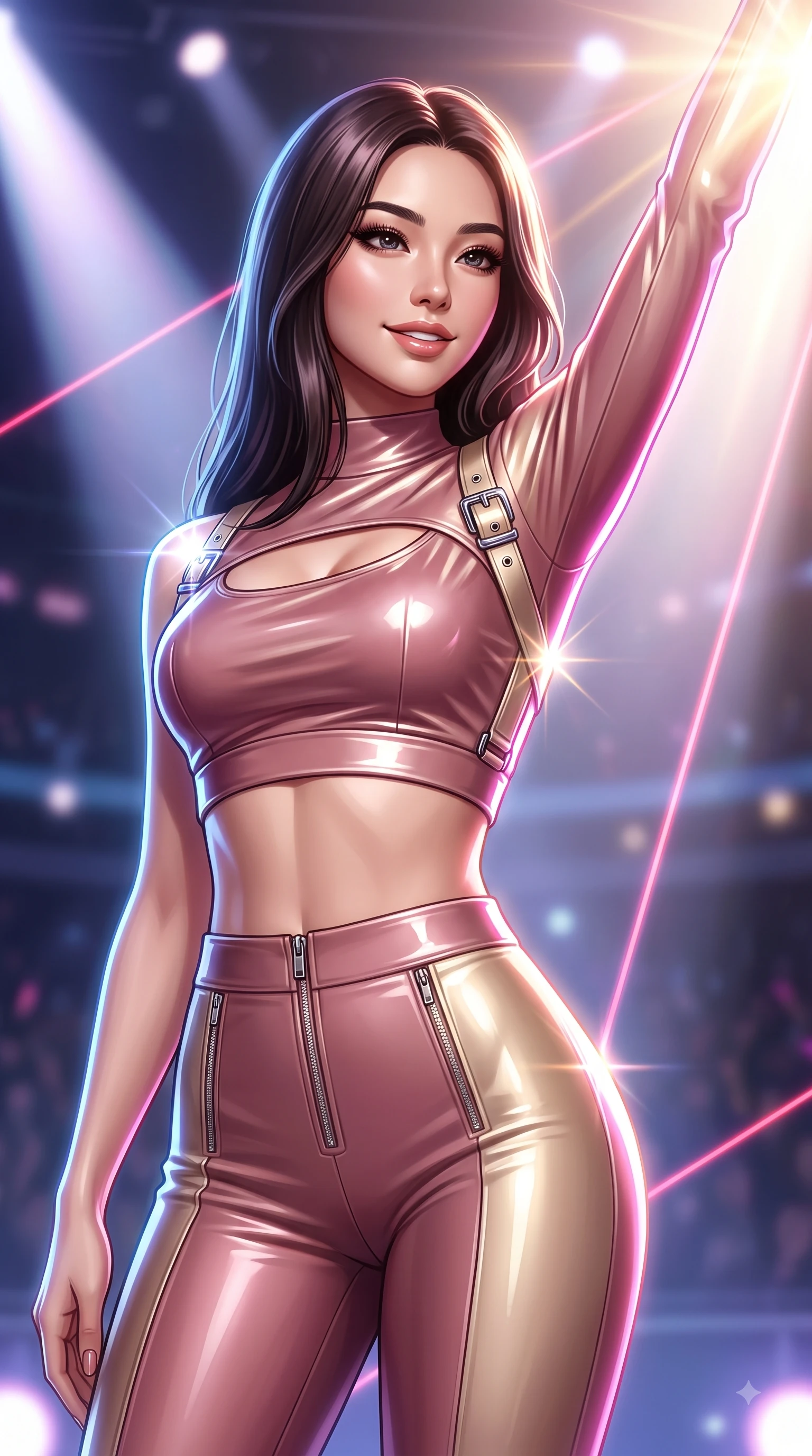 score_9, masterpiece, best quality, ultra-detailed, high-budget anime keyframe, editorial fashion photography, tasteful artistic composition, Japanese woman. close-up cowboy shot from the waist and thighs up, the character dominates the composition, filling the frame with her large presence, background elements kept in soft focus. Extending one arm in an elegant stretch toward the light while smiling with magnetic self-assurance while holding a powerful, seductive stage pose under intense laser beams on a stadium concert stage, metallic harness accents and chrome buckles catching sharp specular sunbursts. She has an exceptionally elegant, slender, and willowy female figure with an ultra-slim waist, a gracefully sculpted slender torso, and a refined silhouette. sharp v-shaped jawline, high-bridge nose, intricate jewel-like eyes with depth, thick eyelashes, glossy lips with a natural sheen, flawlessly proportioned anatomical accuracy, natural body alignment, perfectly sculpted elegant limbs, clean dynamic posture without body distortion. wearing a glossy vinyl crop top and high-waist tailored leggings with sleek zippers in dusty rose and champagne gold, crafted from lustrous satin jersey with fluid draping, accented with a Tasteful chest slit framing her clavicle gracefully, the sleek second-skin texture accentuating her magnetic presence. bathed in intense volumetric stage spotlights and vivid neon rim lights. ultra-reflective glossy finish, specular highlights, metallic sheen, high-contrast stereoscopic depth, volumetric dynamic lighting, 2k, ultra detail, master piece, 9:16 ratio