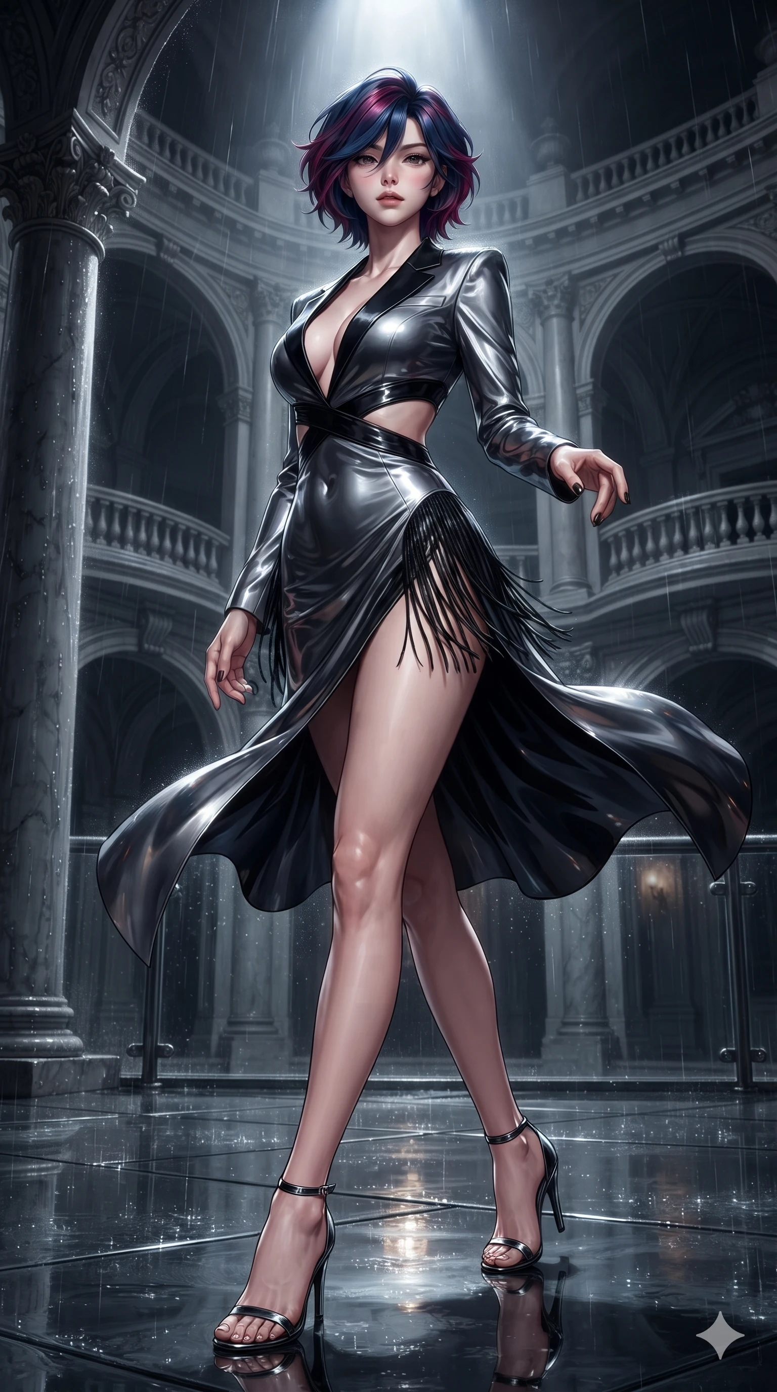 score_9, masterpiece, best quality, ultra-detailed, high-budget anime keyframe, editorial fashion photography, tasteful artistic composition, Korean woman. low angle full-body shot from head to toe showing her feet, filling the entire 9:16 vertical frame with her statuesque presence, stretching her vertical silhouette. striding across the rain-swept glass terrace, nocturnal breezes whipping her garments open to accentuate her long slender legs and curvy hips while reaching one hand toward the viewer with relaxed dark elegance, her tailored tux dress tracing her ultra-slim waist and hips. The surrounding environment is rendered in vivid detail and crisp panoramic clarity: detailed tailored tux dress lapel sheen, fitted waistline seams, and neoclassical theater architecture in razor-sharp precision. She has an absolutely perfect, statuesque 8.5-heads proportion, an exceptionally tall and slender model-like female figure with impossibly long slender legs, an ultra-slim waist, a flat toned midriff, narrow delicate ribcage, and beautifully sculpted feminine hips creating a graceful, slim hourglass silhouette without any bulky heaviness. sharp v-shaped jawline, high-bridge nose, intricate jewel-like dark sparkling eyes with hypnotic seductive depth, thick curled eyelashes, glossy parted lips with a natural wine sheen, alluring bedroom-eyes with an enigmatic smoldering smile, exuding magnetic sovereign charisma and dark avant-garde glamour, flawlessly proportioned anatomical accuracy, strict slender model proportions, natural body alignment, perfectly sculpted long slender limbs, ultra-slim waistline, clean dynamic posture without body distortion. wearing a slinky deep-V liquid dark jersey cocktail dress with waist cutout accentuating her curves in metallic liquid silver and pitch black, crafted from wet-look high-gloss vinyl fabric with dazzling specular surface reflections, finished with delicate jet-black micro-fringe fluttering softly along her hips with each step, accentuating her gracefully sculpted slender torso and statuesque proportions. illuminated by a single brilliant theatrical key light emerging from dark opera shadows. ultra-reflective glossy finish, specular highlights, metallic sheen, high-contrast stereoscopic depth, volumetric dynamic lighting, 2k, ultra detail, master piece, 9:16 ratio