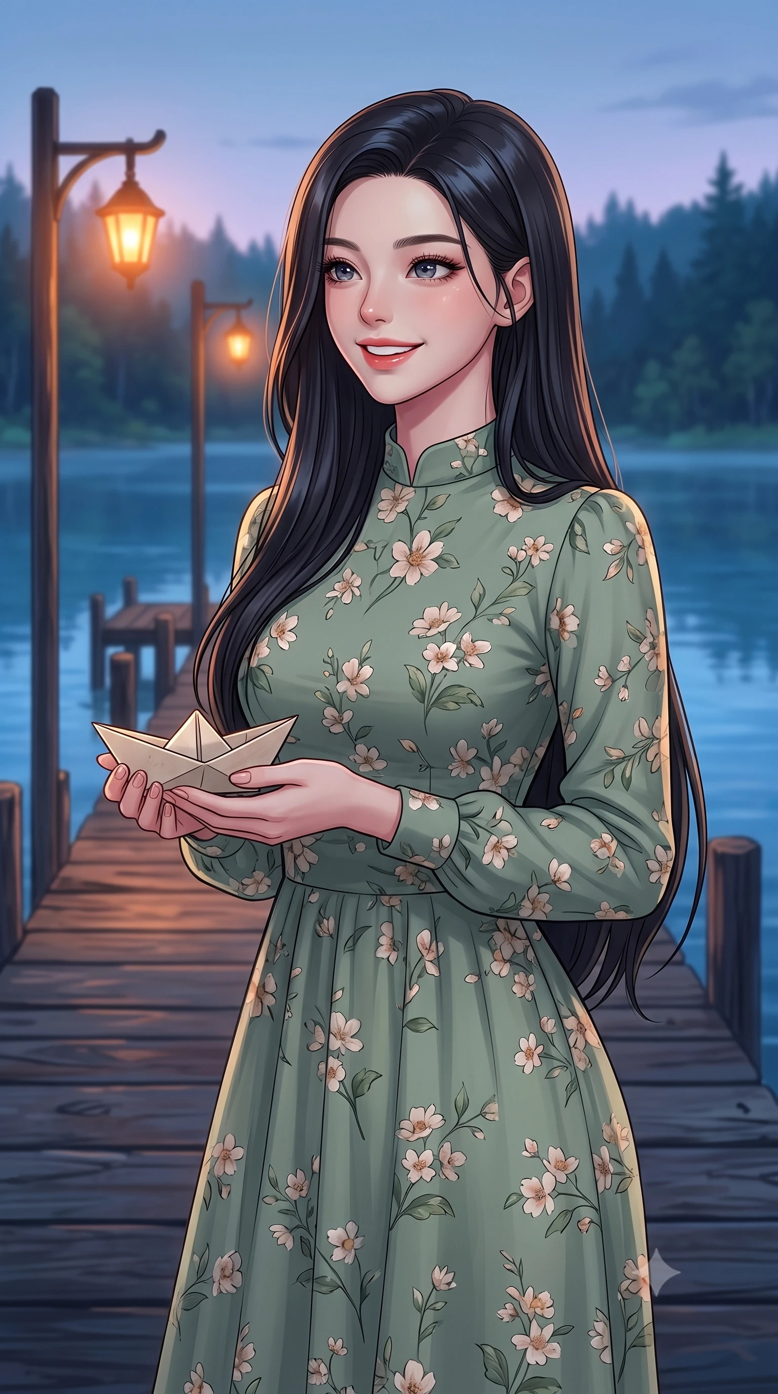 score_9, masterpiece, best quality, ultra-detailed, high-budget anime keyframe, editorial fashion photography, tasteful artistic composition, Korean woman. close-up cowboy shot from the waist and thighs up, the character dominates the composition, filling the frame with her large presence, background elements kept in soft focus. gazing past the camera with a happy, bright expression and a warm smile set against a soft-focus background of on a quiet wooden pier extending into a calm, blue forest lake holding a small paper boat with a delighted smile, ready to float it. She has an exceptionally elegant, slender, and willowy female figure with an ultra-slim waist, a gracefully sculpted slender torso, and a refined silhouette. sharp v-shaped jawline, high-bridge nose, intricate jewel-like eyes with depth, thick eyelashes, glossy lips with a natural sheen. wearing slim-fit lovely floral print midi dress in sage green, featuring a high collar and long sleeves. cool twilight sky glow contrasting with the warm orange light of streetlamps. highly saturated vibrant anime colors, detailed shading with soft gradients, rich glossy textures, high-contrast stereoscopic depth, volumetric dynamic lighting, master piece, 9:16 ratio